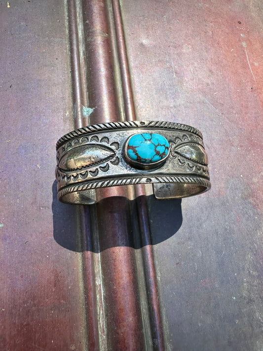 Hand Forged Sterling Silver and Turquoise Ingot Cuff Bracelet by Navajo Artist, Gabe Natan