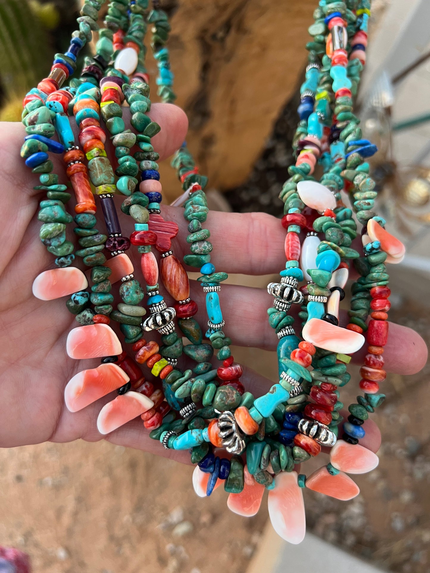 Gorgeous Navajo Made Six Strand Turquoise and Spiny Oyster Beaded Squaw Wrap Necklace, Green