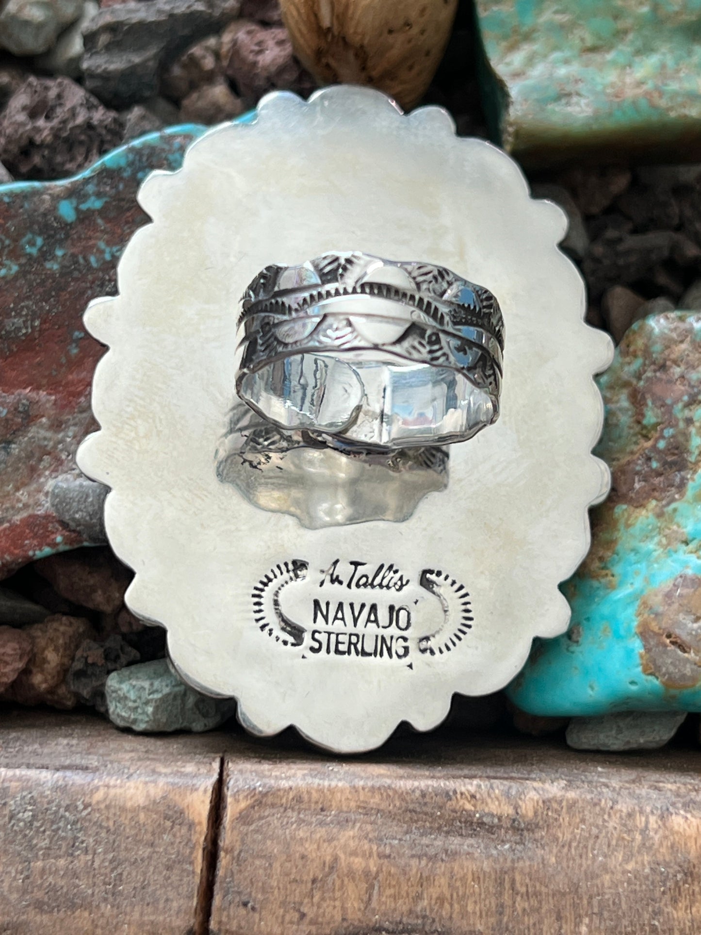 Navajo Sterling Silver and Oval Queen Pink Conch Shell Cluster Ring by Aaron Tallis, Adjustable