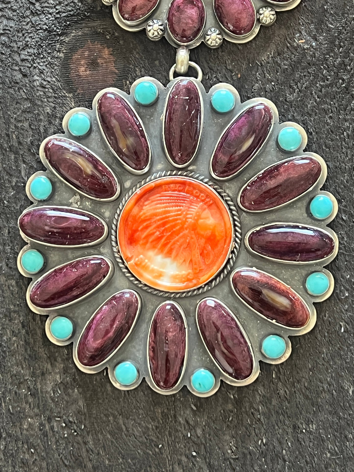 Stunning Navajo Sterling Silver, Carved Spiny Oyster and Turquoise Necklace by Gilbert Platero