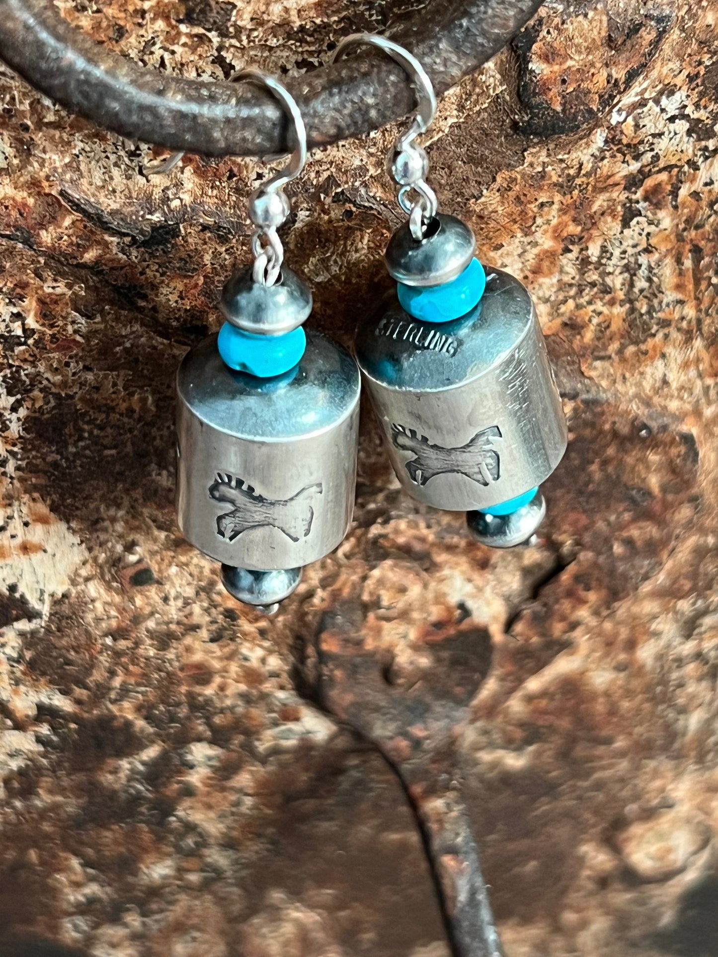 Navajo Sterling Silver and Turquoise Handmade Barrel Bead Earrings by Preston Haley