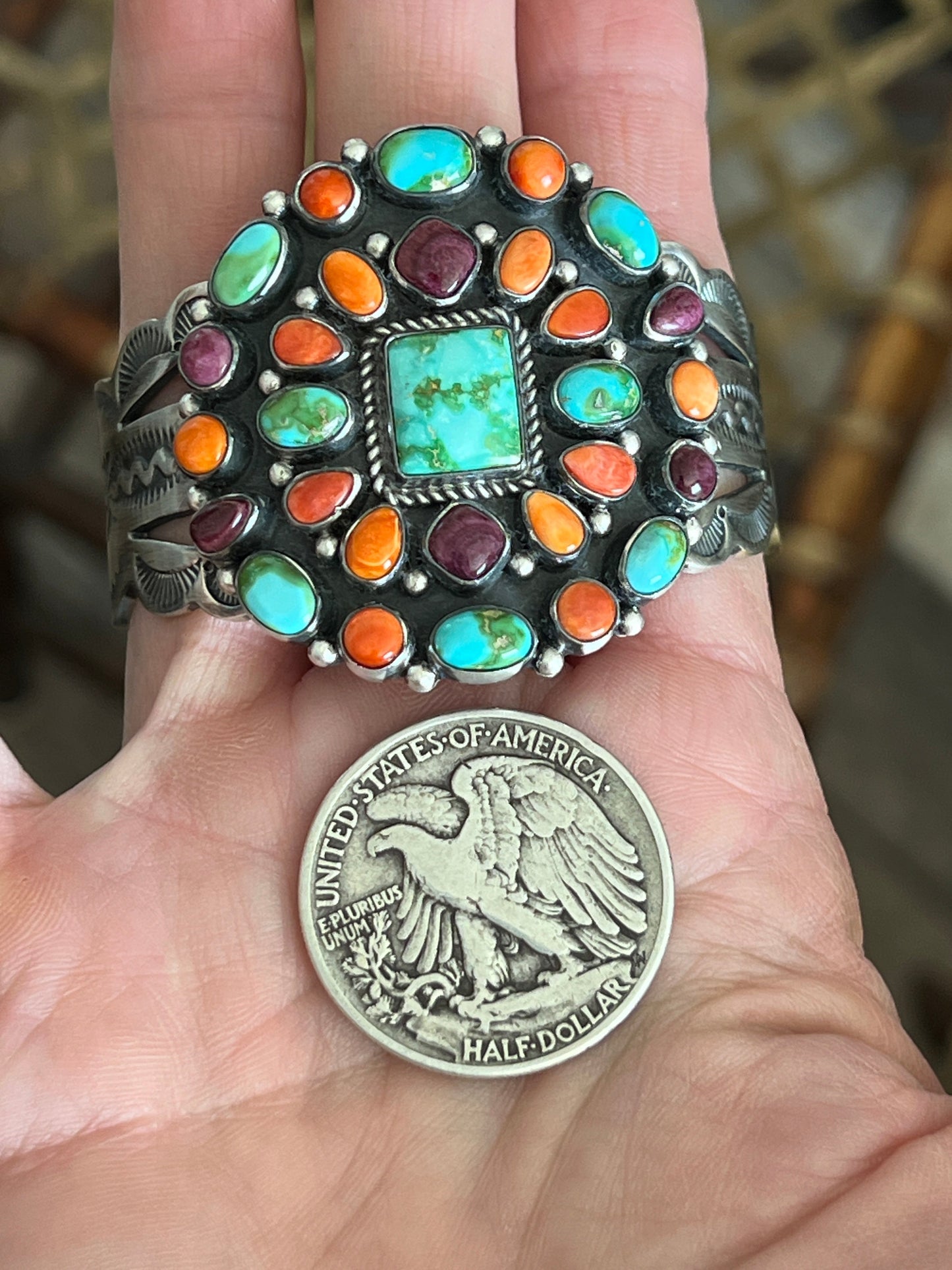 Navajo Sterling Silver Electric Rainbow Sonoran Turquoise and Spiny Oyster Cluster Cuff Bracelet by Murphy Platero