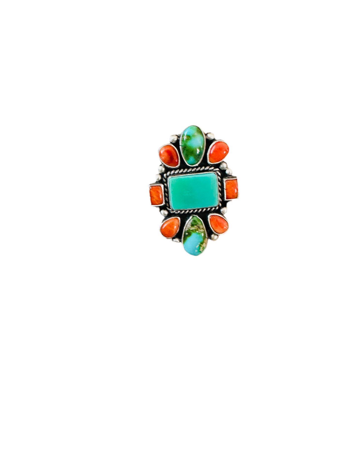 Navajo Sterling Silver, Turquoise & Spiny Oyster Ring by Bernyse Chavez and Angela Martin, Size 8