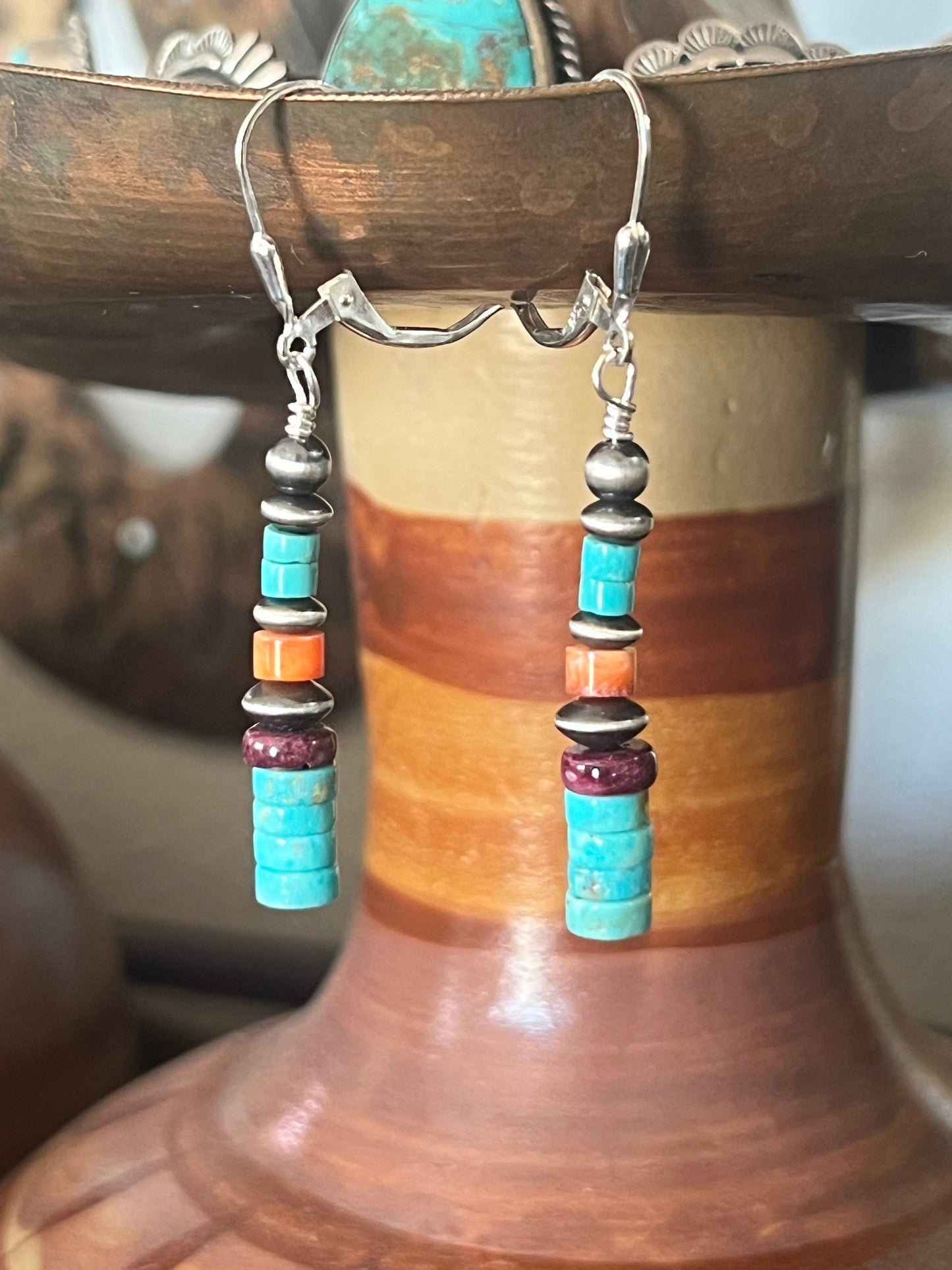 Navajo Made Sterling Silver Summer Lovin’ Turquoise and Spiny Oyster Beaded Drop Earrings, Leverback