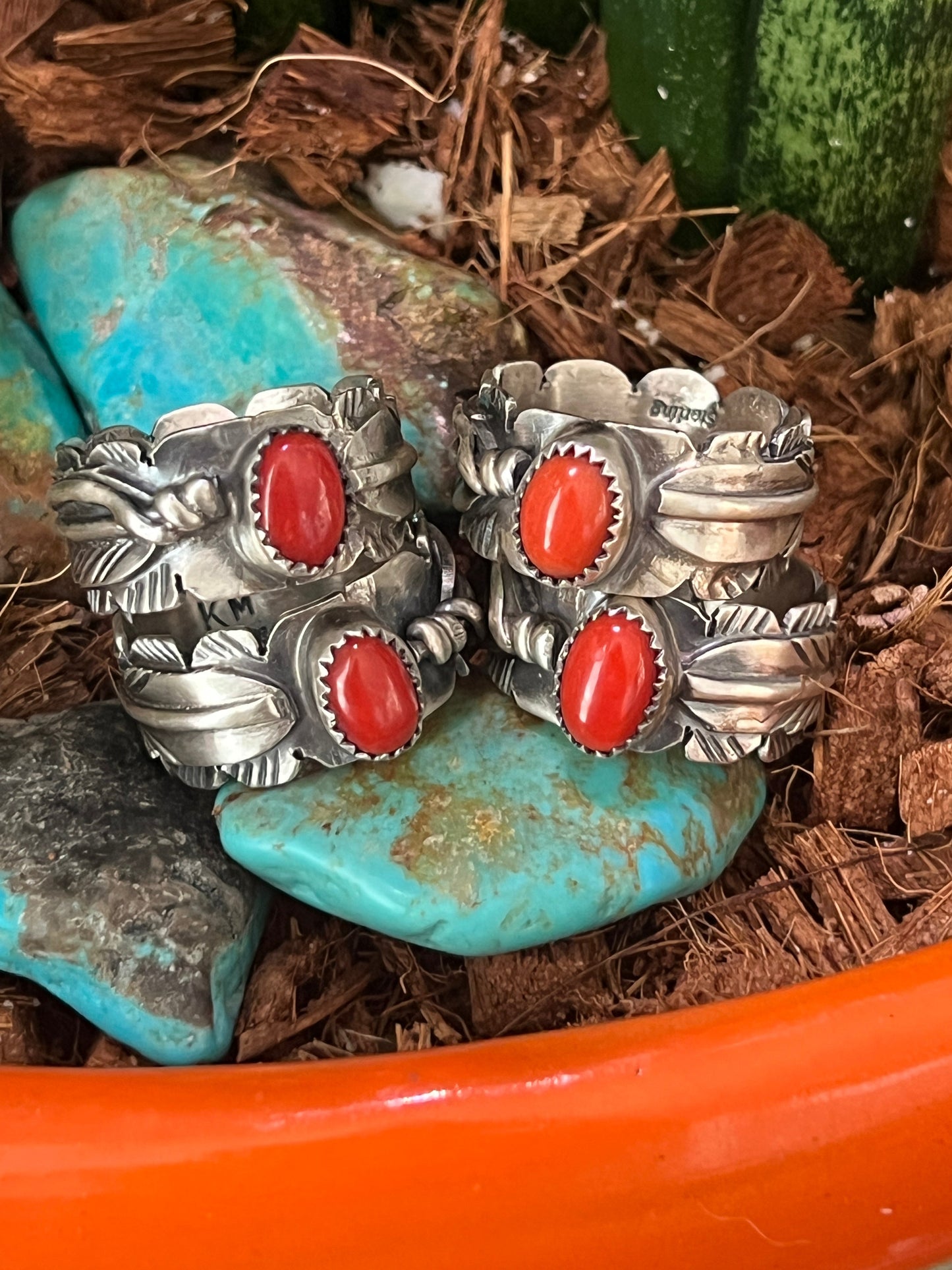 Navajo Sterling Silver Stout Feather Rings with Mediterranean Coral, Signed KM