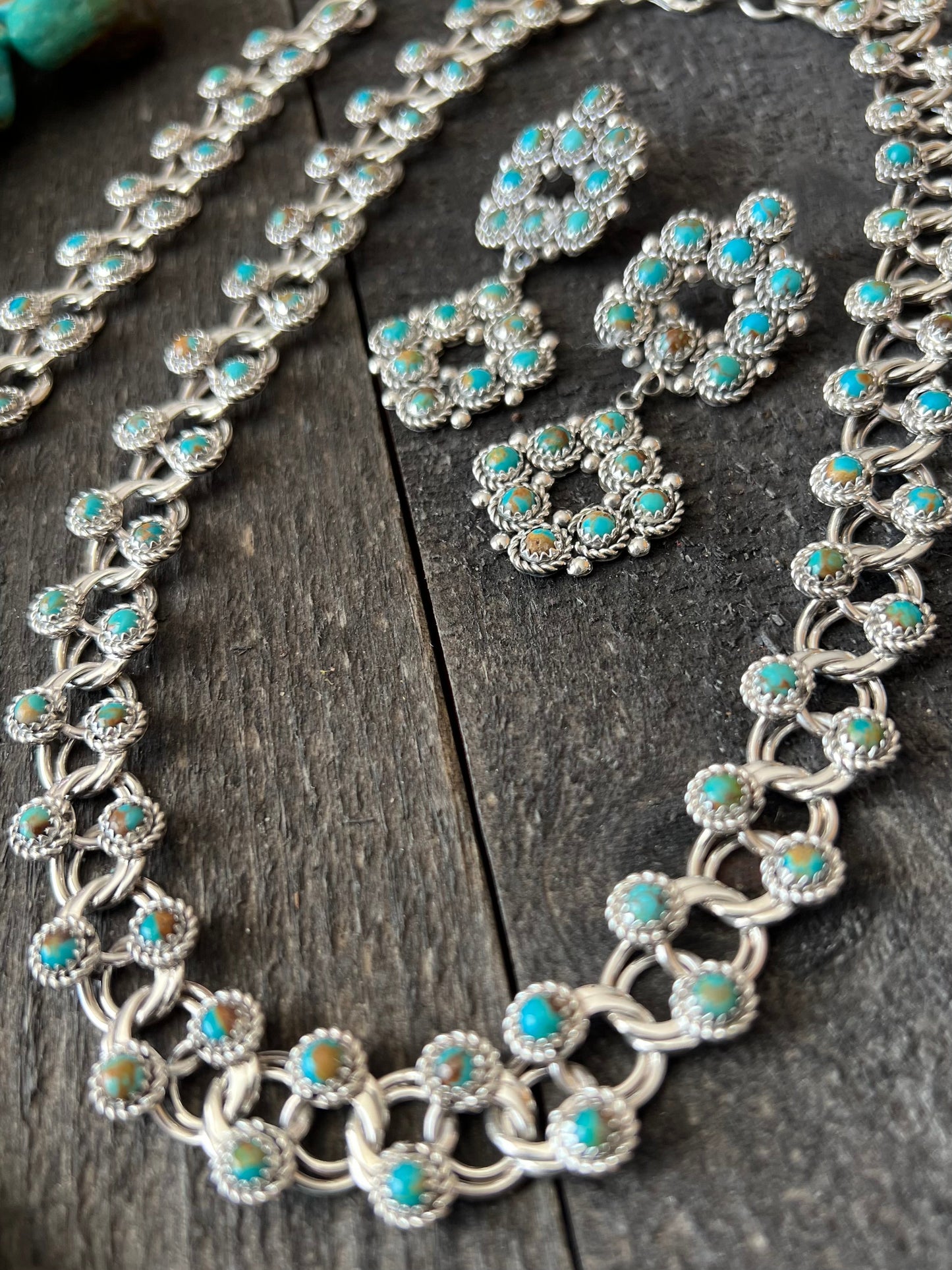 Zuni Sterling and Snake Eye Turquoise Link Necklace, Bracelet & Earrings by Dillon Cheama
