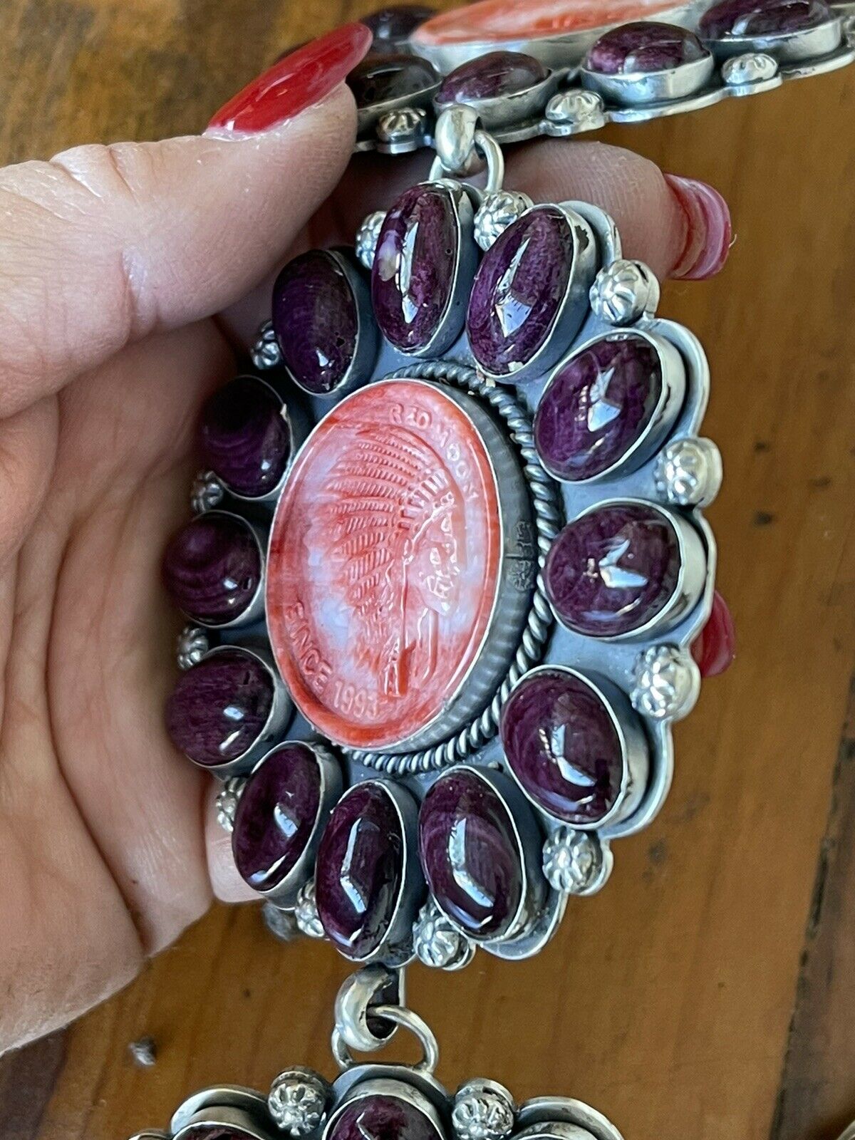Stunning Navajo Sterling Silver, Carved Spiny Oyster and Turquoise Necklace by Gilbert Platero