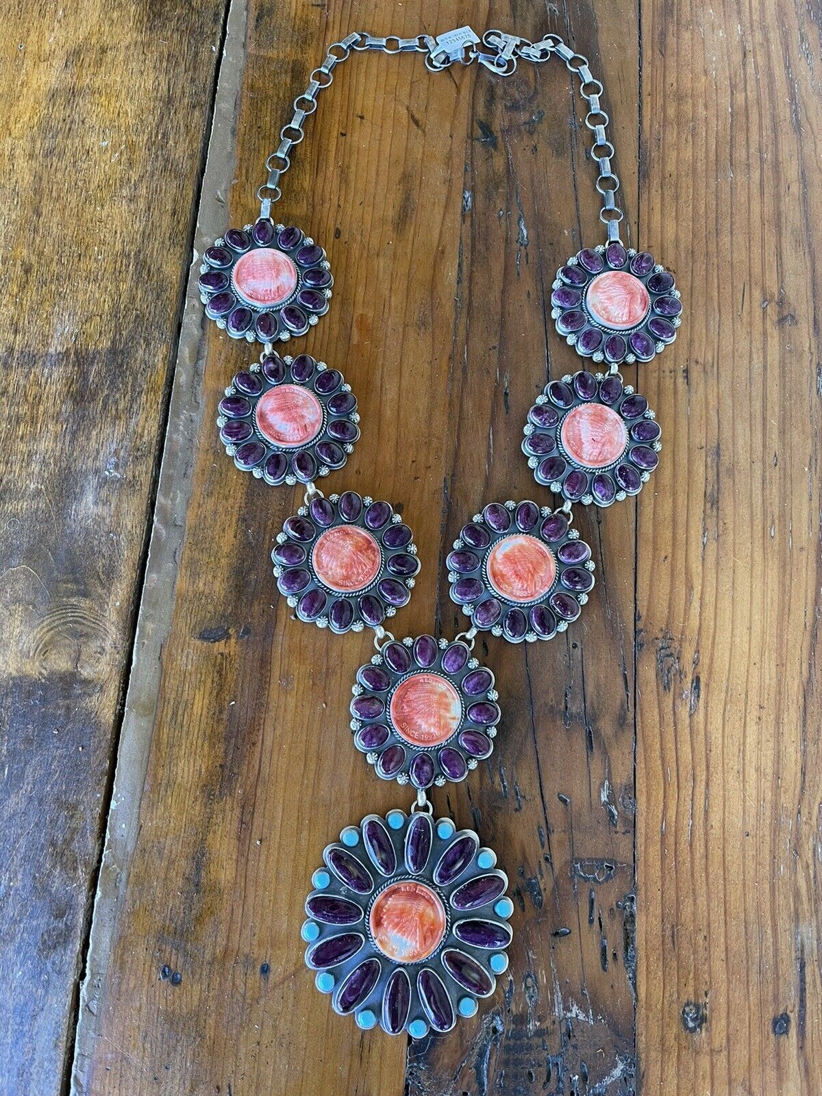 Stunning Navajo Sterling Silver, Carved Spiny Oyster and Turquoise Necklace by Gilbert Platero