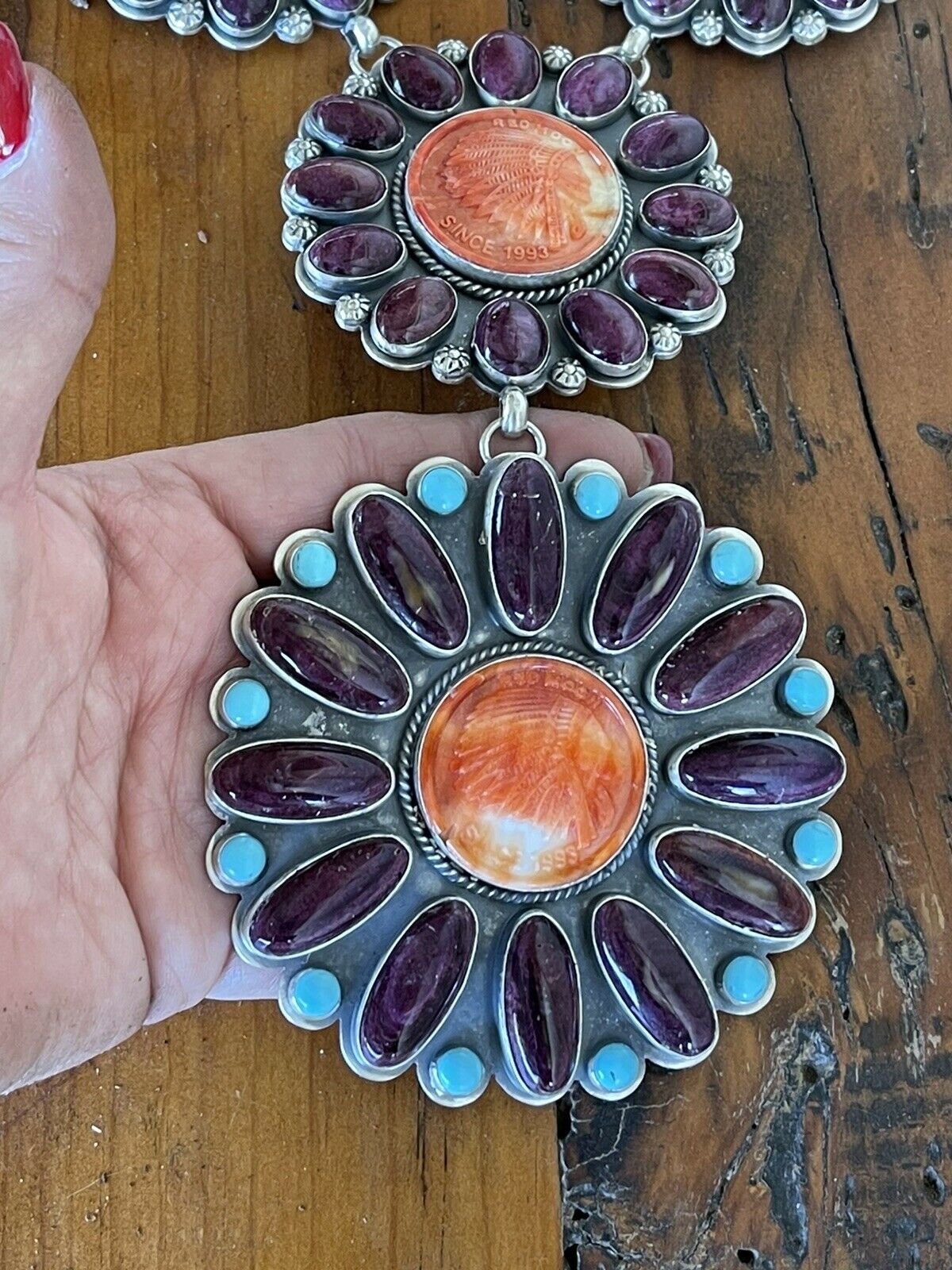 Stunning Navajo Sterling Silver, Carved Spiny Oyster and Turquoise Necklace by Gilbert Platero