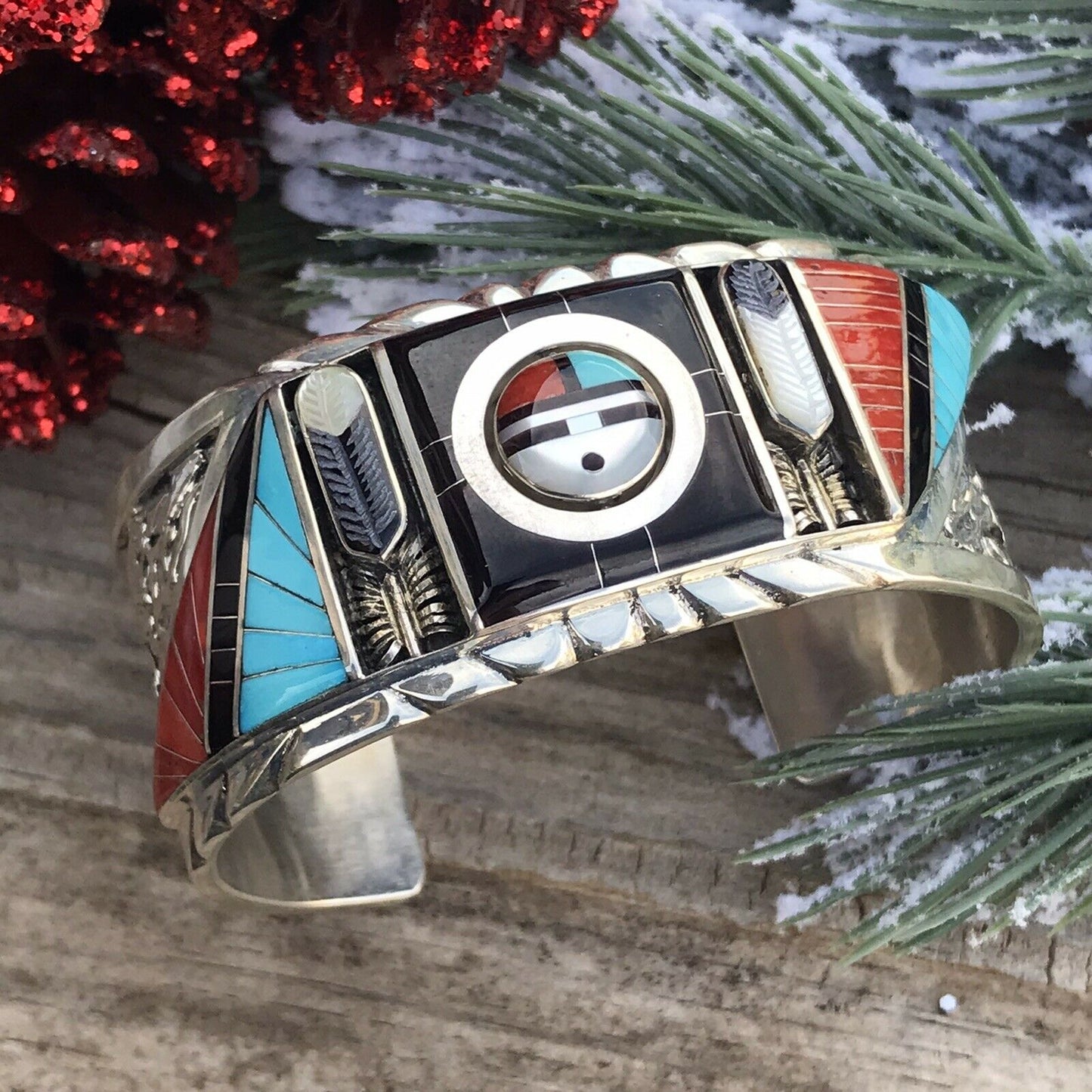 Don Dewa Zuni Sterling Silver Multi-stone SunFace Swivel Cuff Bracelet