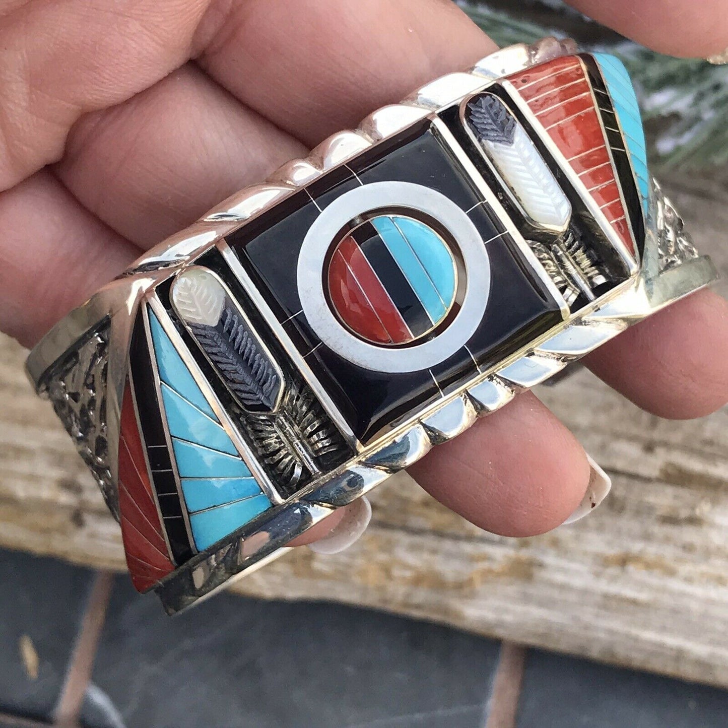 Don Dewa Zuni Sterling Silver Multi-stone SunFace Swivel Cuff Bracelet