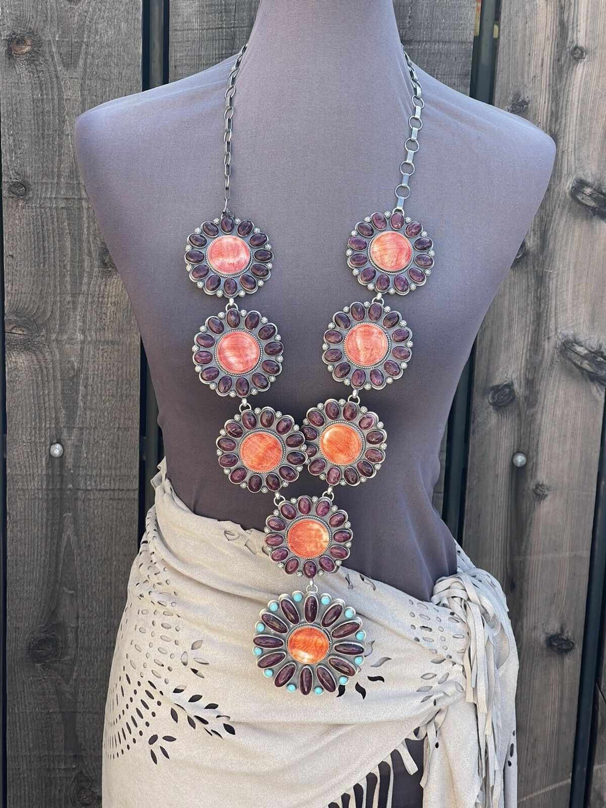 Stunning Navajo Sterling Silver, Carved Spiny Oyster and Turquoise Necklace by Gilbert Platero
