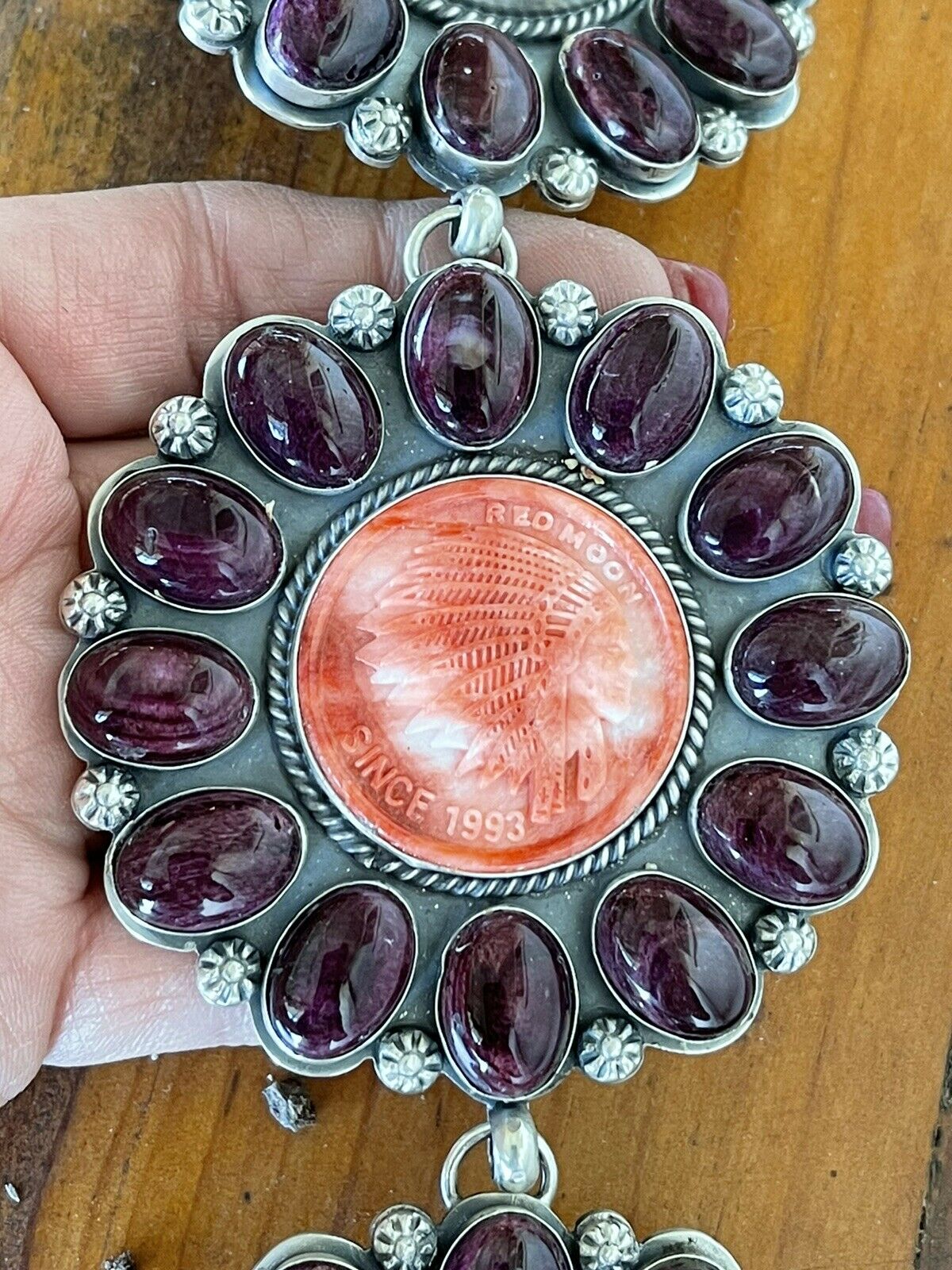 Stunning Navajo Sterling Silver, Carved Spiny Oyster and Turquoise Necklace by Gilbert Platero