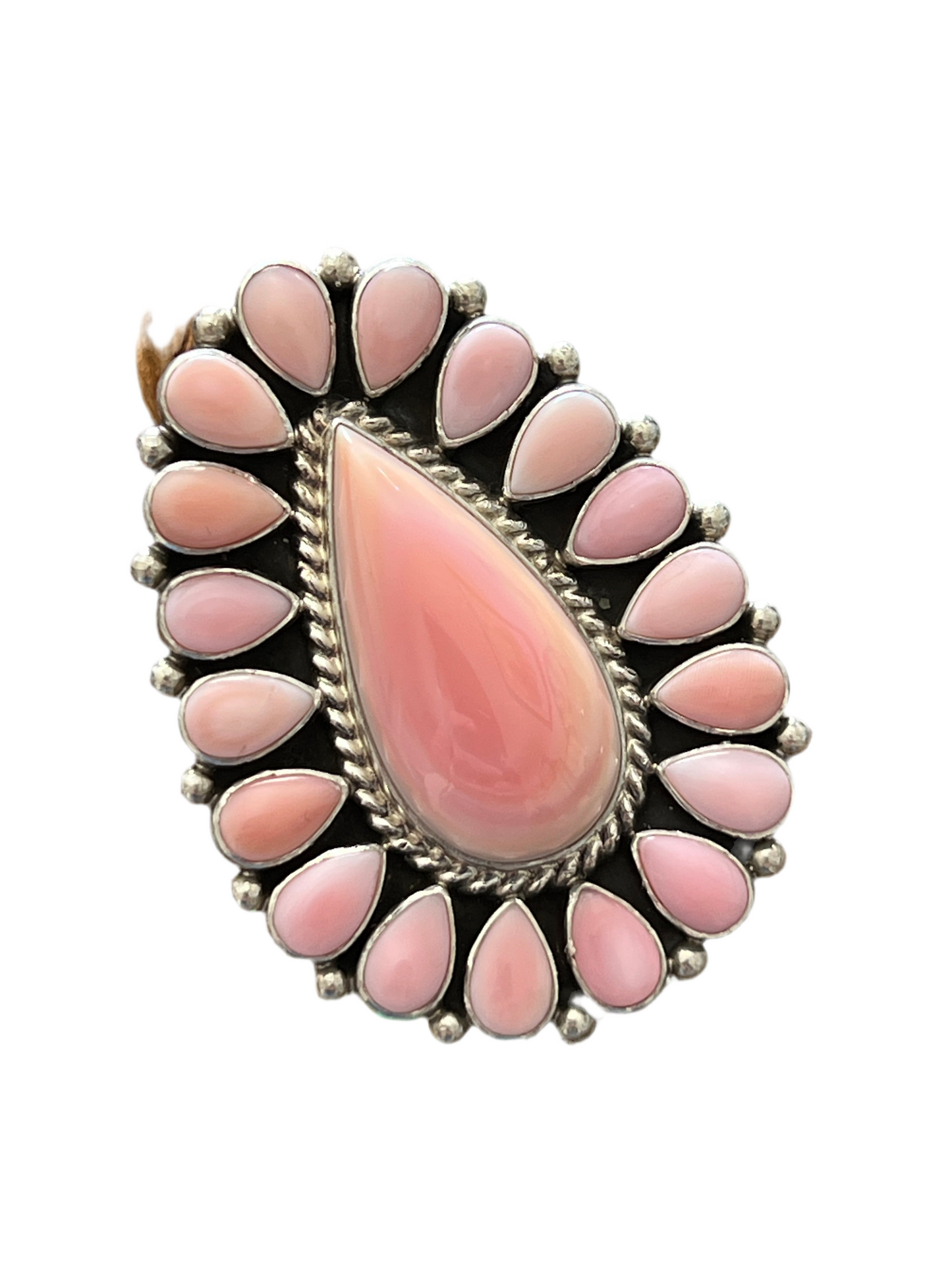Navajo Sterling Silver and Tear Drop Queen Pink Conch Shell Cluster Ring by Aaron Tallis, Adjustable