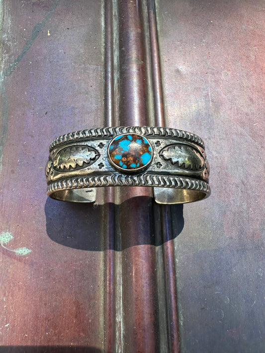 Hand Forged Sterling Silver and Turquoise Ingot Cuff Bracelet by Navajo Artist, Gabe Natan