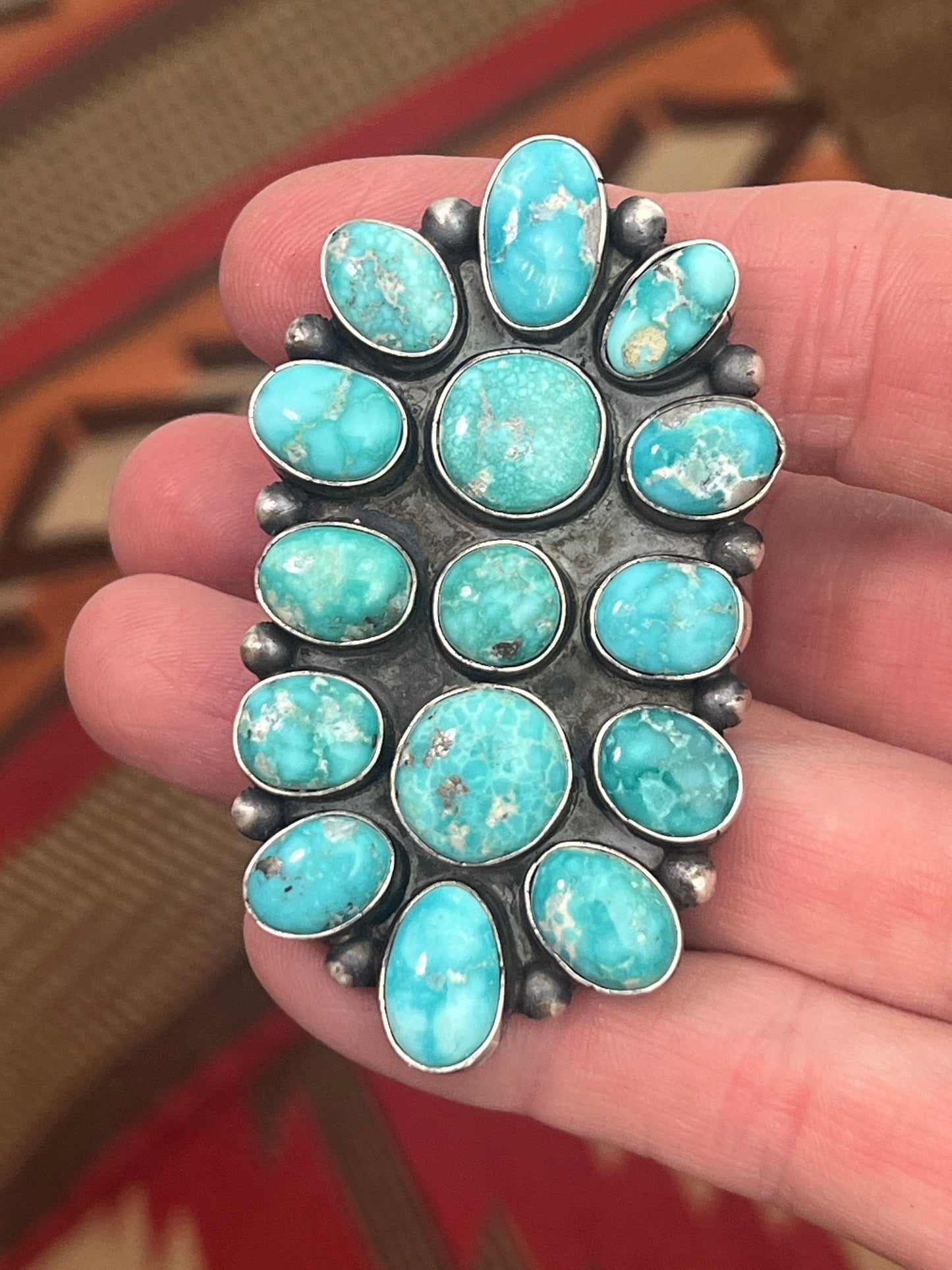Navajo Paul Livingston Sterling Silver and Campitos Turquoise Cluster Ring, Size 7