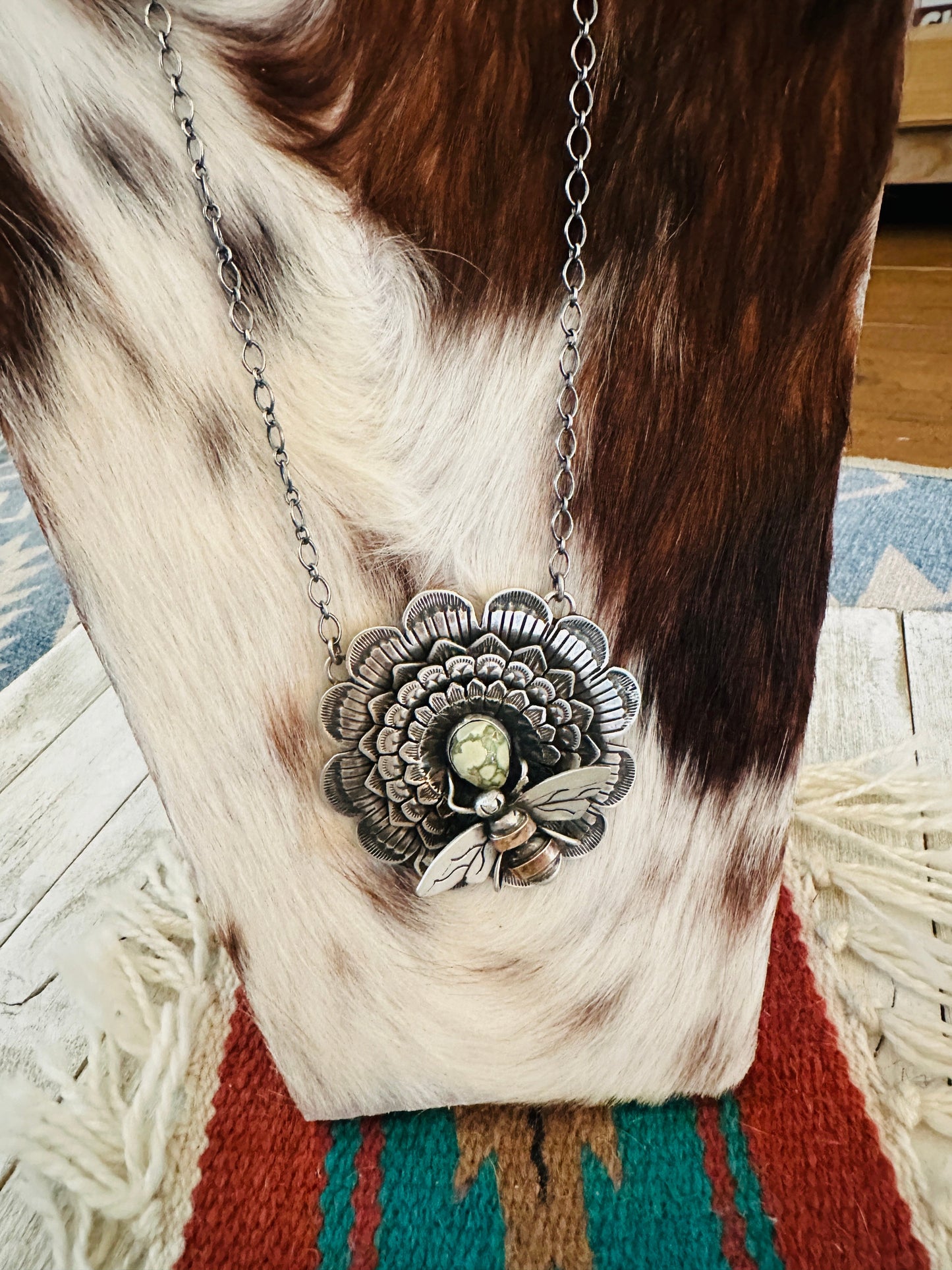 Navajo Sterling Silver and Turquoise Sunflower Necklace with Bee by Russell Sam