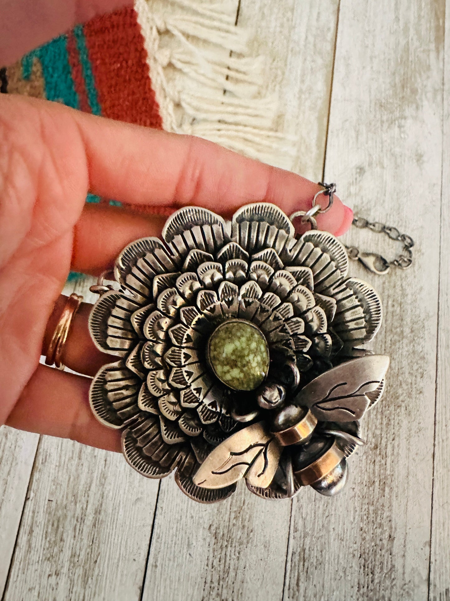 Navajo Sterling Silver and Turquoise Sunflower Necklace with Bee by Russell Sam