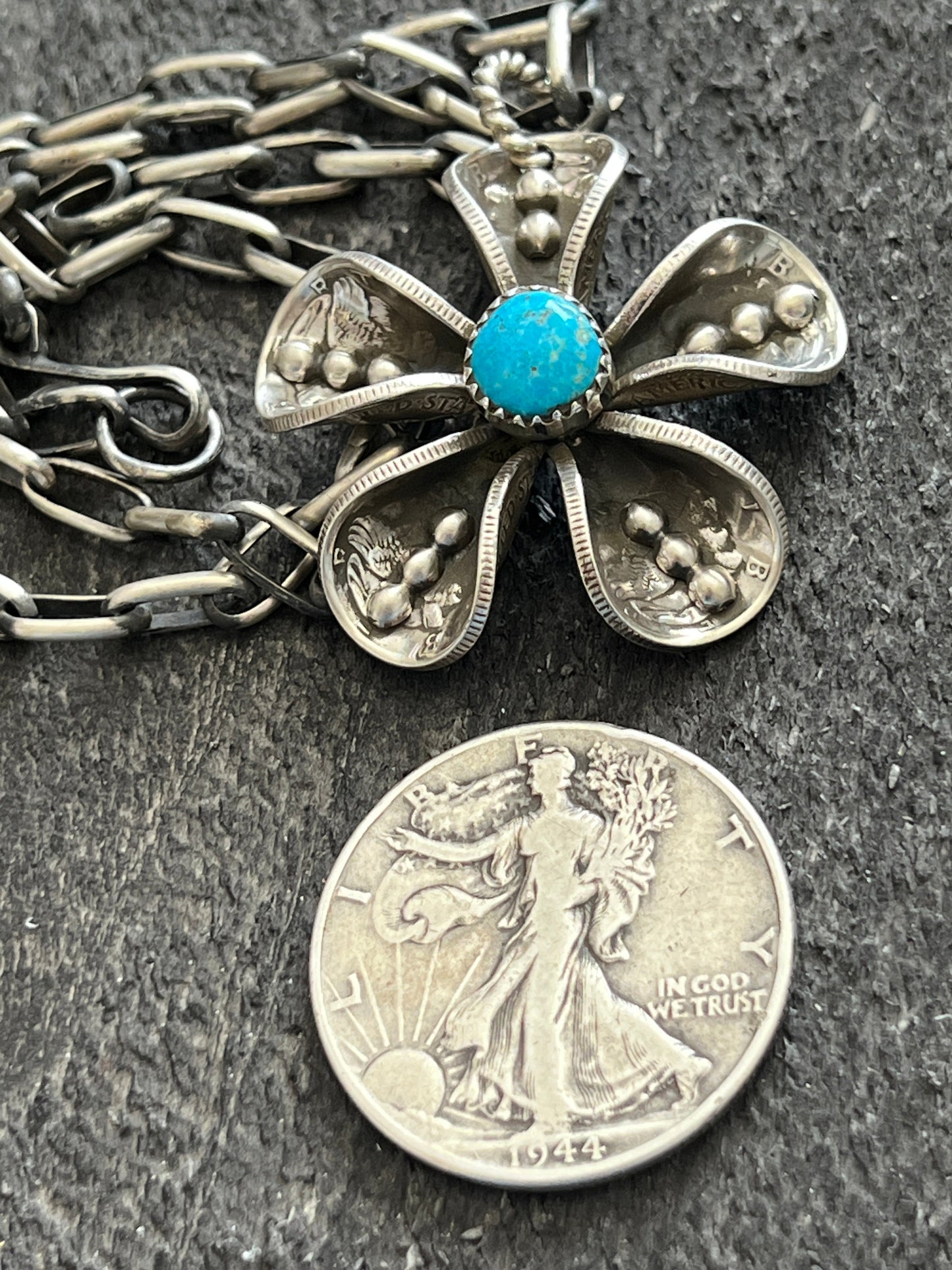 Navajo Sterling and Coin Silver Mercury Dime Flower Pendant with Turquoise on Handmade Chain by James Begay