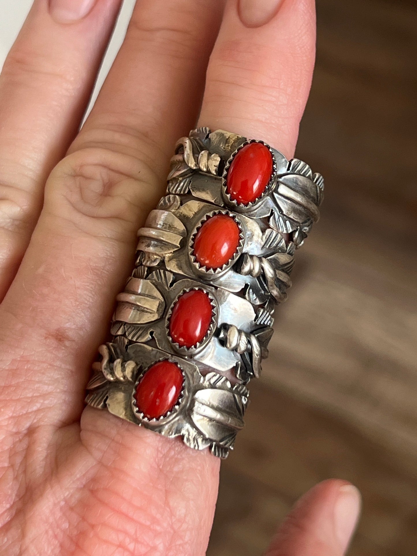 Navajo Sterling Silver Stout Feather Rings with Mediterranean Coral, Signed KM