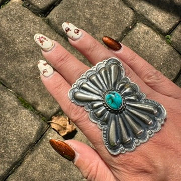 Navajo Sterling Silver and Turquoise Butterfly Concho Ring by Arnold Goodluck