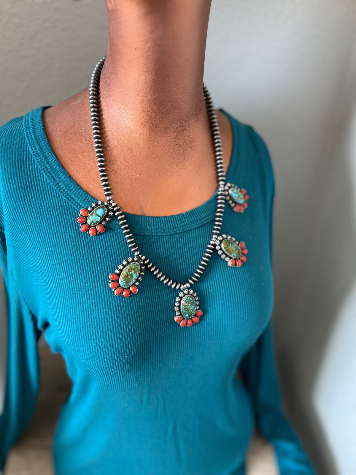 Taos Collection: Handcrafted Sterling Silver, Kingman Turquoise & Mediterranean Red Coral Beaded Necklace
