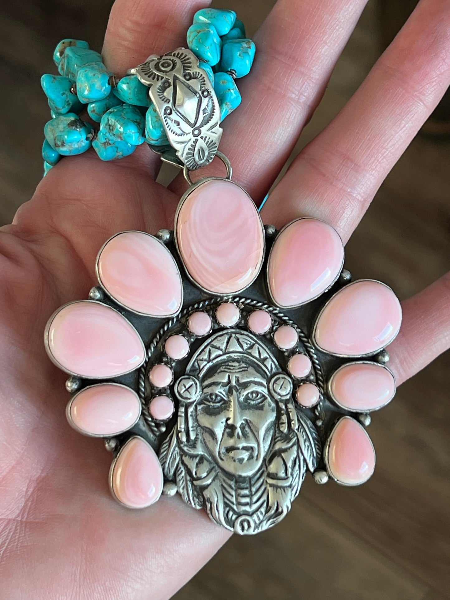Navajo Sterling Silver Pink Conch Chief and Triple Strand Turquoise Nugget Bead Necklace by Patrick Yazzie