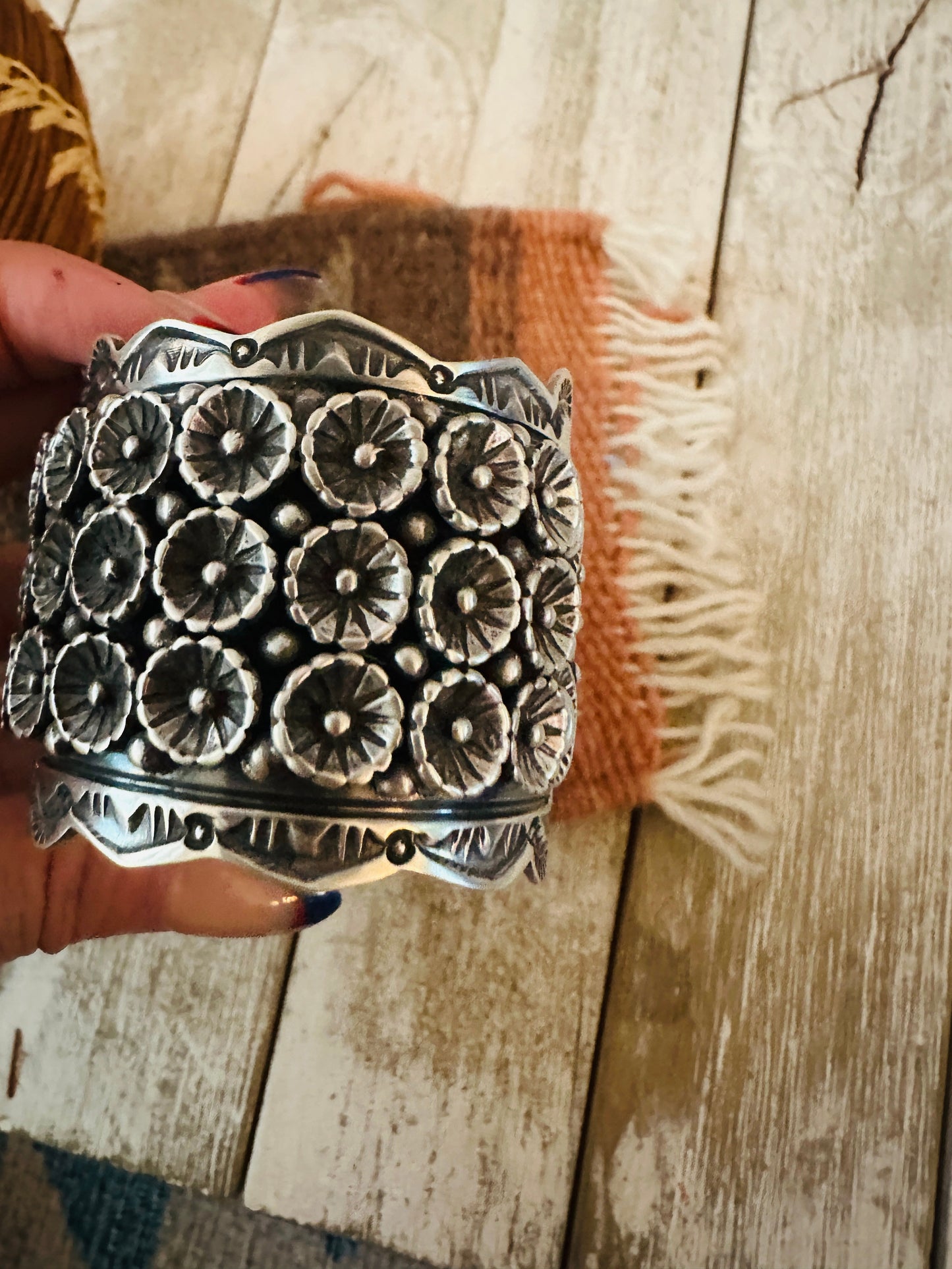 Navajo Hand Stamped Sterling Silver Flower Cuff Bracelet By Leroy James
