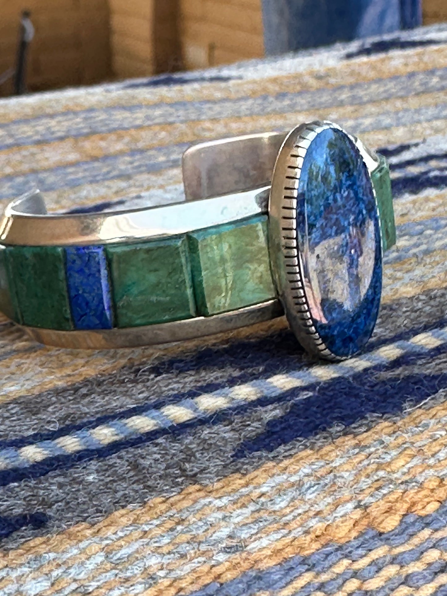 Old Pawn Lapis and Malachite Inlay Cuff by artists Michael and Causandra Dukepoo