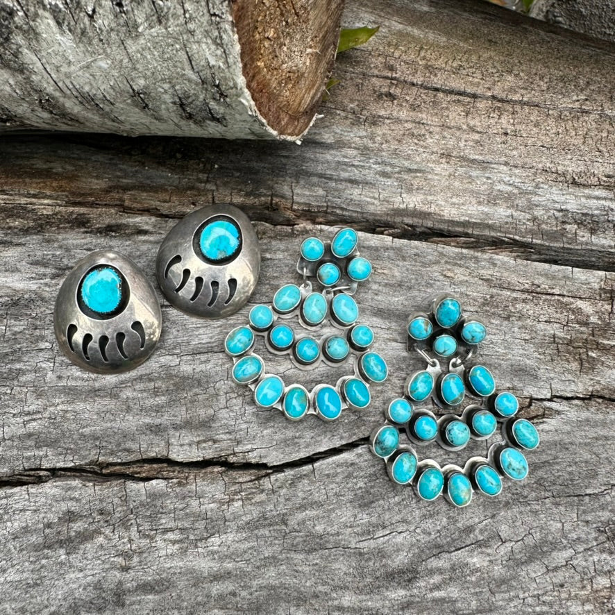 Native Made Blue Turquoise and Sterling Silver Fan Cluster Earrings by Jennifer Denefclaw