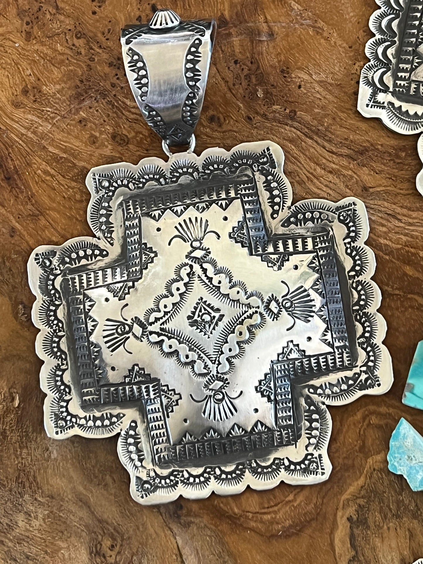 Navajo Hand Stamped Sterling Silver Santa Fe Cross Pendant by Victor Platero