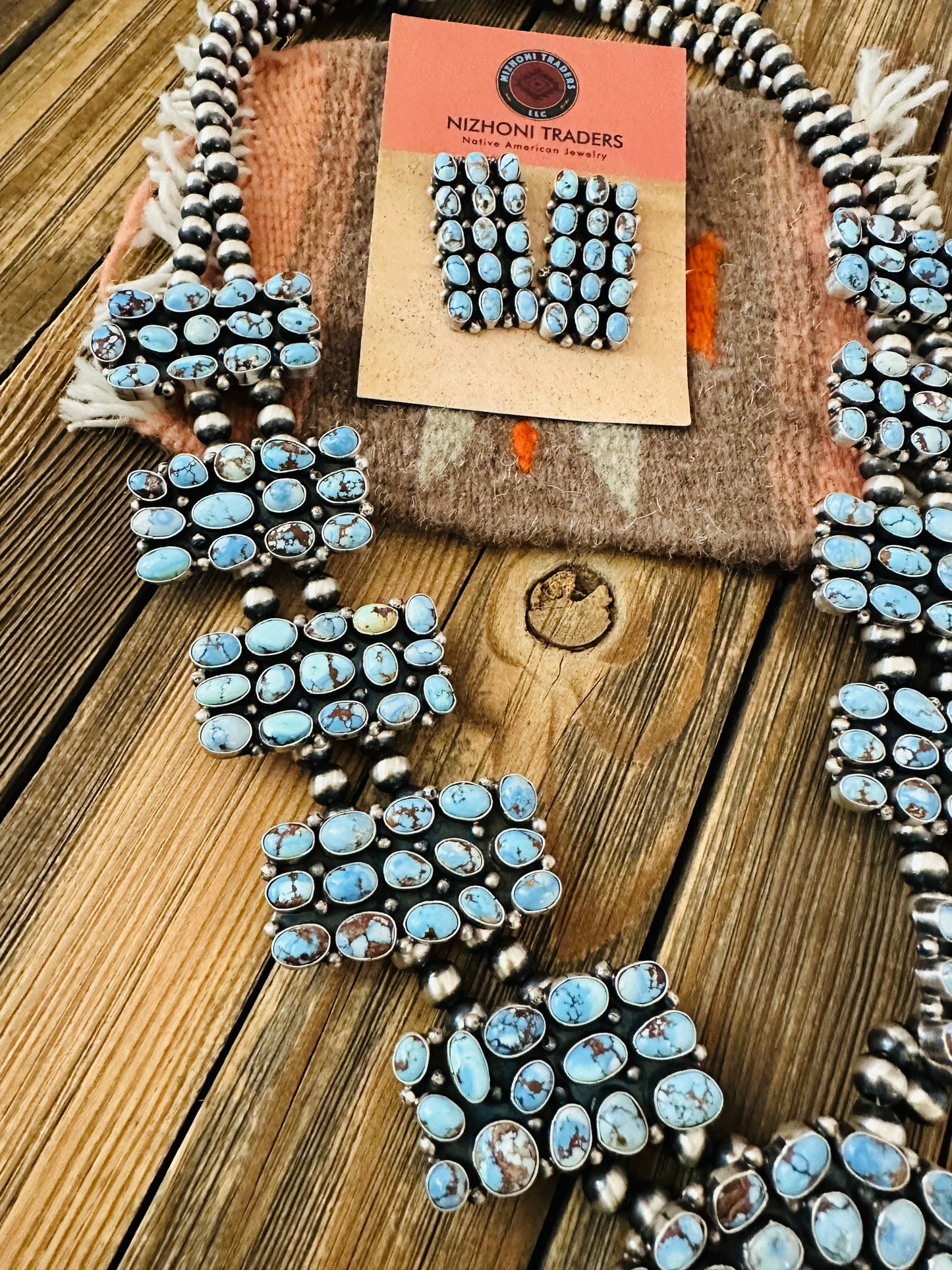 Navajo Golden Hills Turquoise & Sterling Silver Squash Blossom Necklace Set by B. Yellowhorse