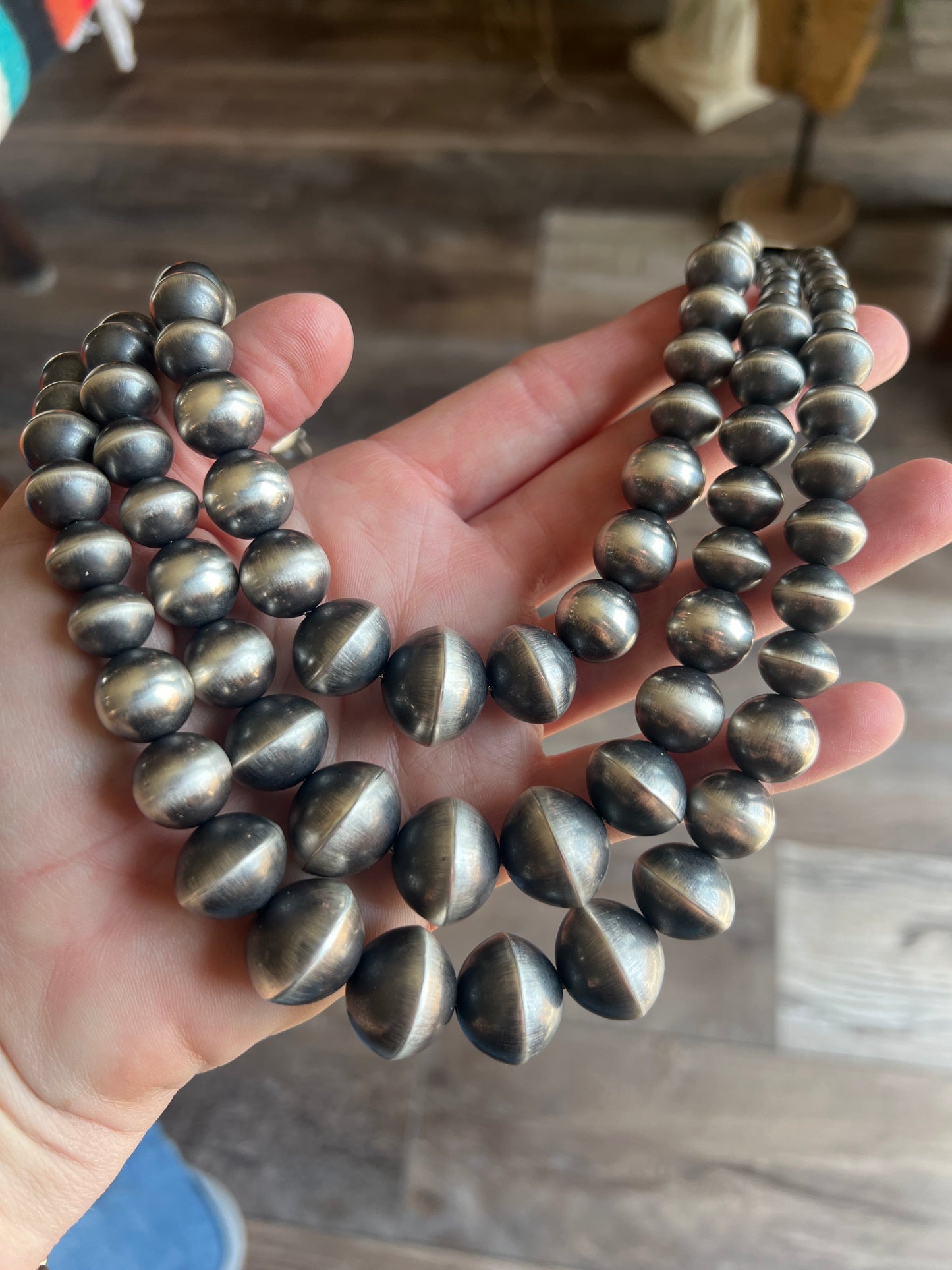 Navajo Sterling Silver Triple Strand Bead Statement Necklace by Rose Martin