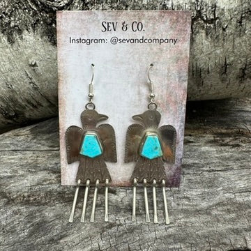Native Made Blue Turquoise and Sterling Silver Fringe Thunderbird Earrings by Vernon Begay