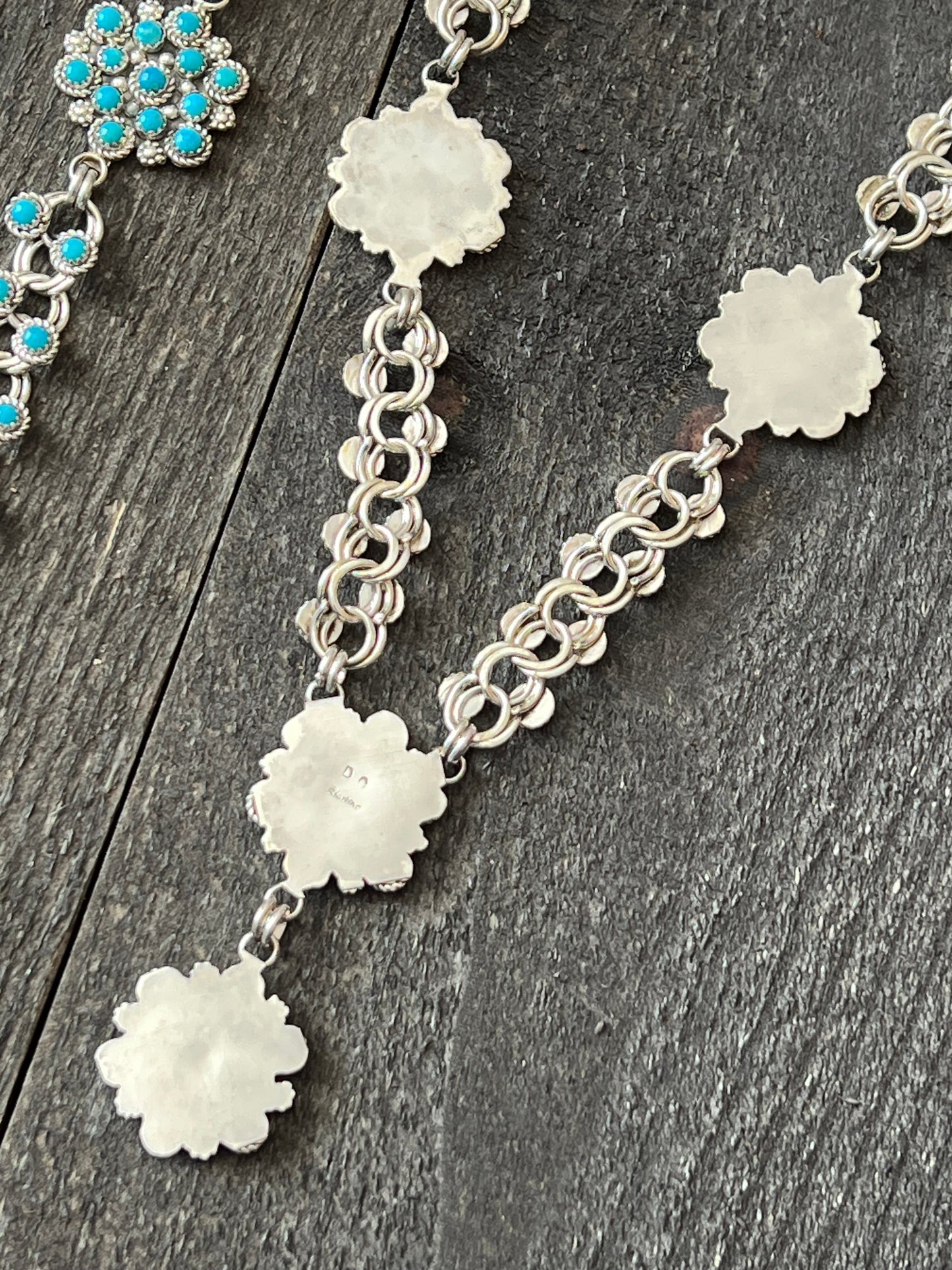 Zuni Sterling and Snake Eye Turquoise Link and Cluster Necklace by Dillon Cheama