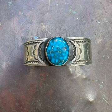 Native Made Sterling Silver and Turquoise Heavy Gauge Cuff Bracelet by Al & Kimari Somers
