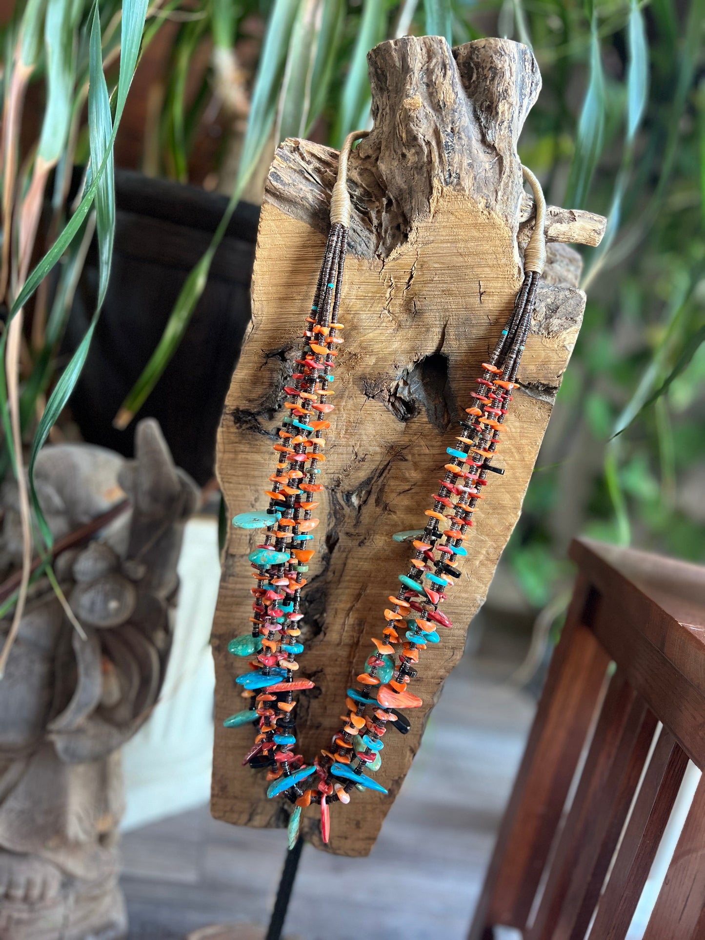 Gorgeous Santo Domingo Made Five Strand Spiny Oyster and Turquoise Beaded Squaw Wrap Necklace with Tabs by Daniel Coriz