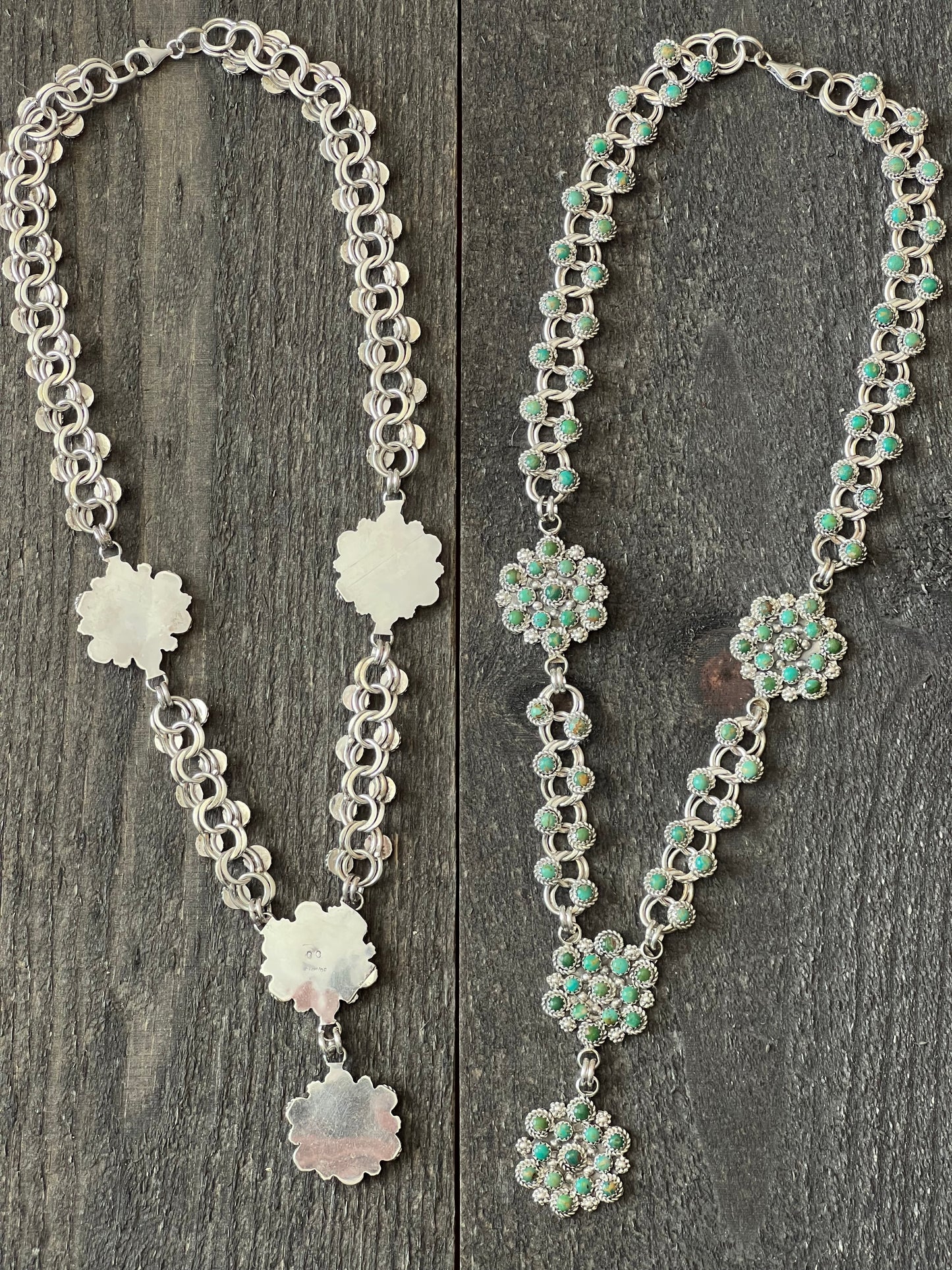 Zuni Sterling and Snake Eye Turquoise Link and Cluster Necklace by Dillon Cheama