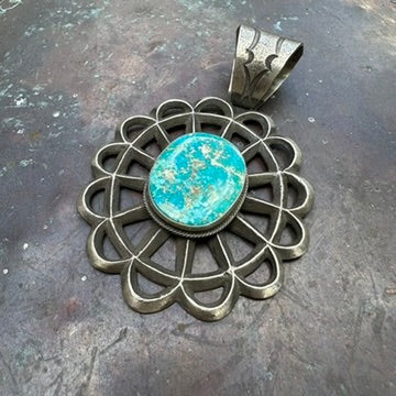 Navajo Made Sterling Silver and Turquoise Flower Pendant by Robert Chee