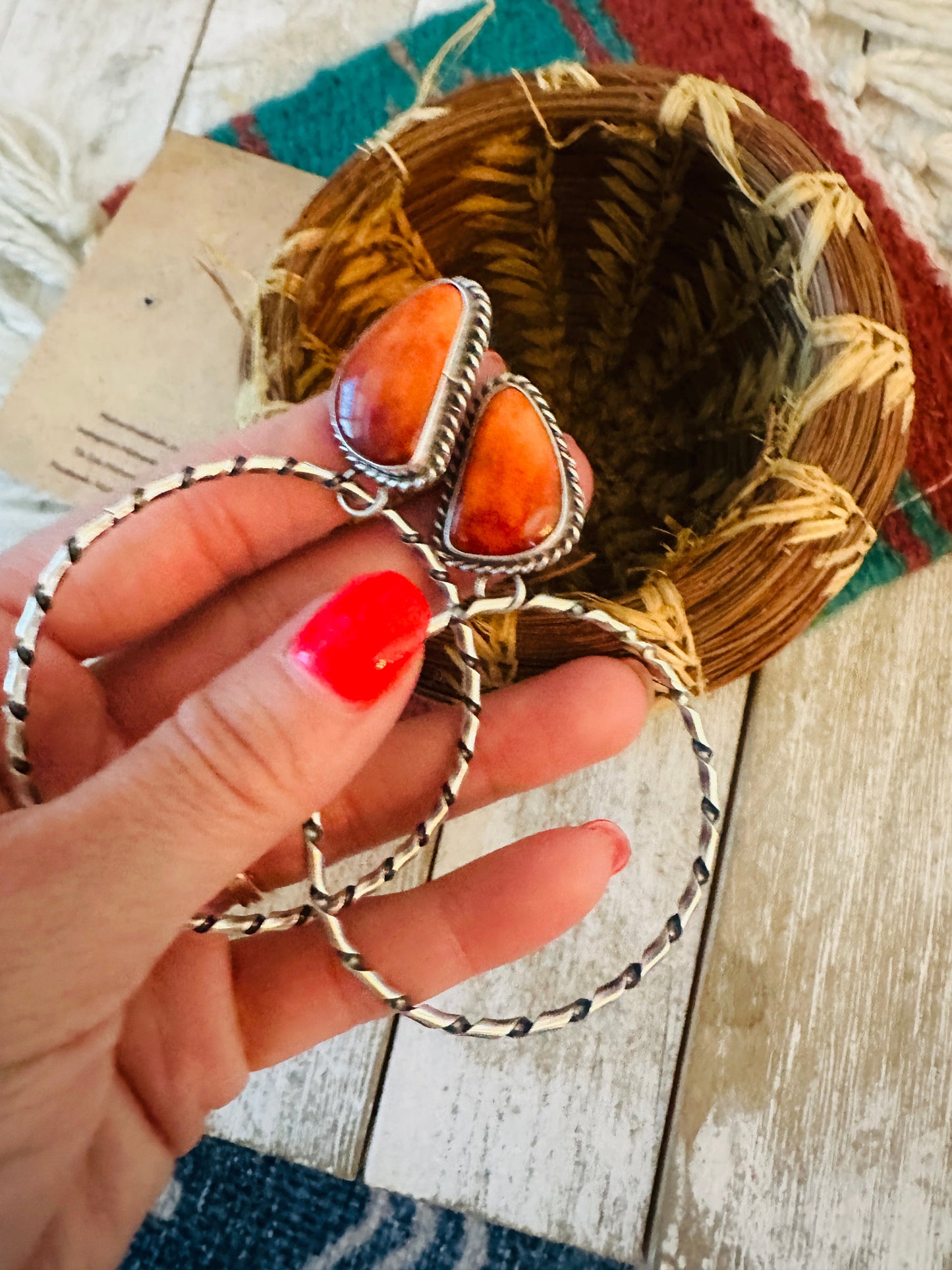 Navajo Orange Spiny and Sterling Silver Dangle Hoop Earrings
