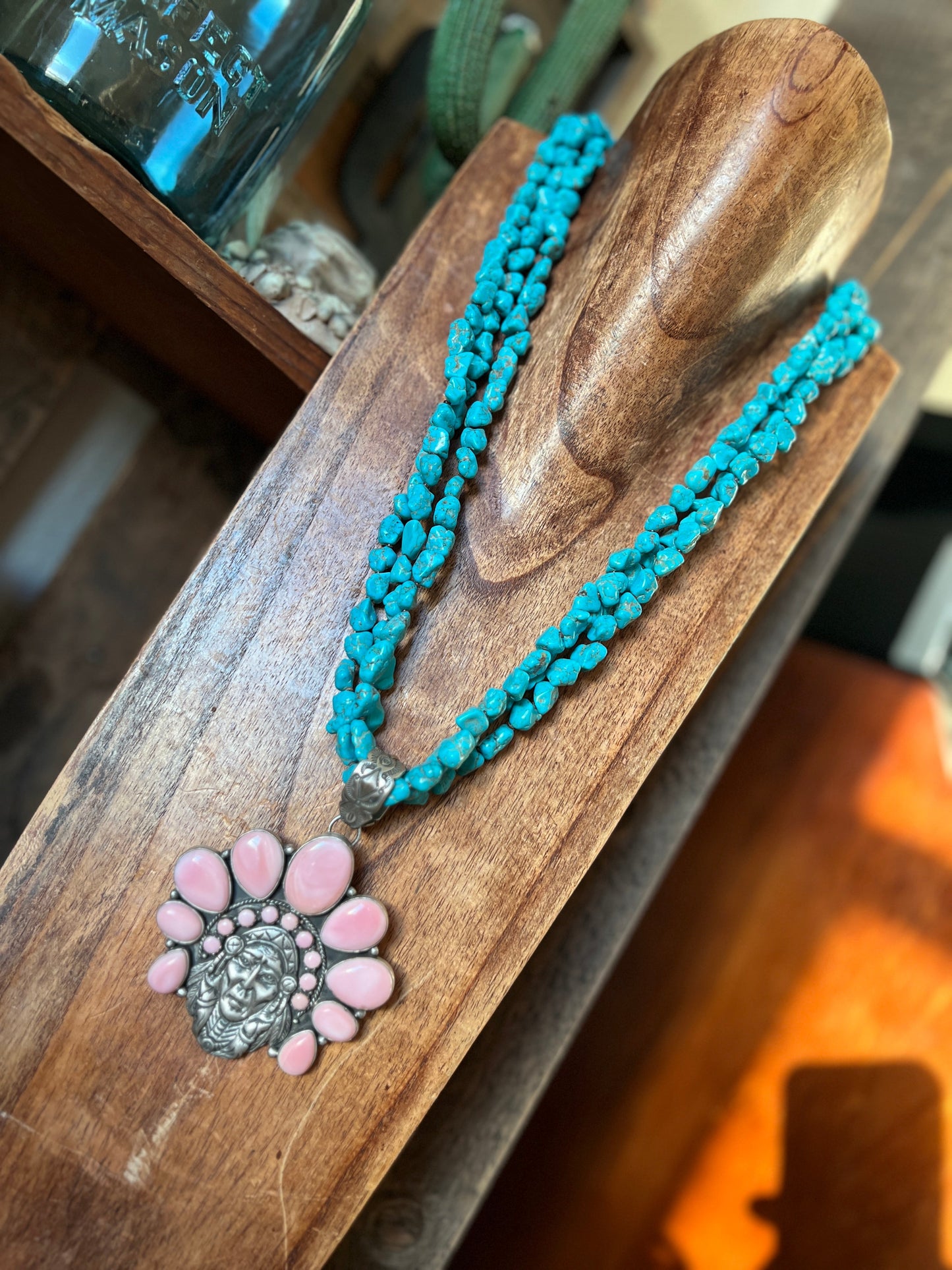 Navajo Sterling Silver Pink Conch Chief and Triple Strand Turquoise Nugget Bead Necklace by Patrick Yazzie
