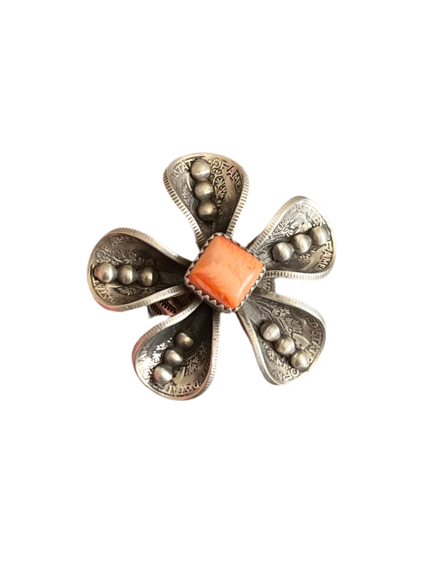 Navajo Sterling and Coin Silver Mercury Dime Flower Ring with Orange Spiny Oyster by James Begay, Adjustable