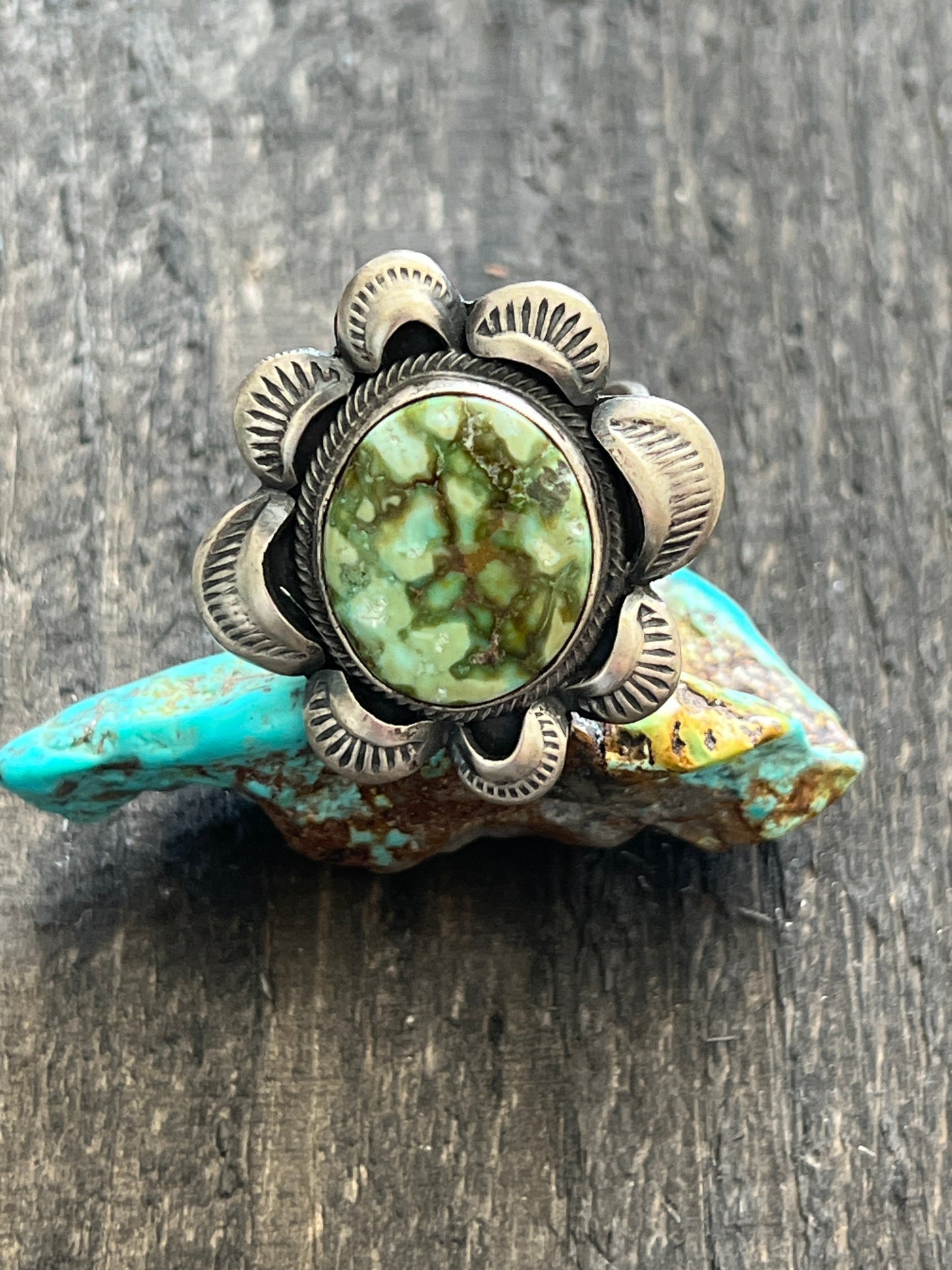Navajo Sterling Silver and Natural Pilot Mountain Turquoise Single Stone Ring by Gilbert Tom, Size 8