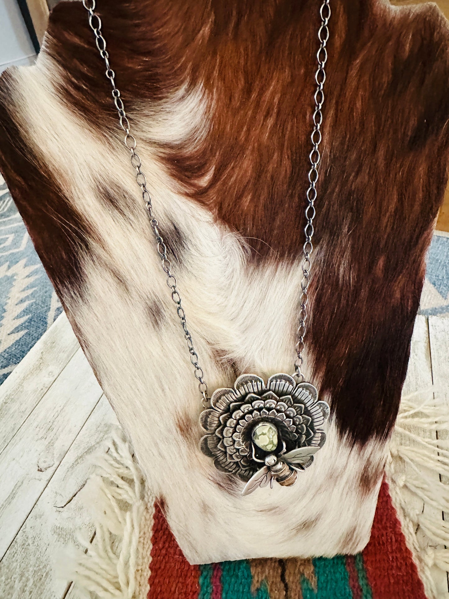 Navajo Sterling Silver and Turquoise Sunflower Necklace with Bee by Russell Sam