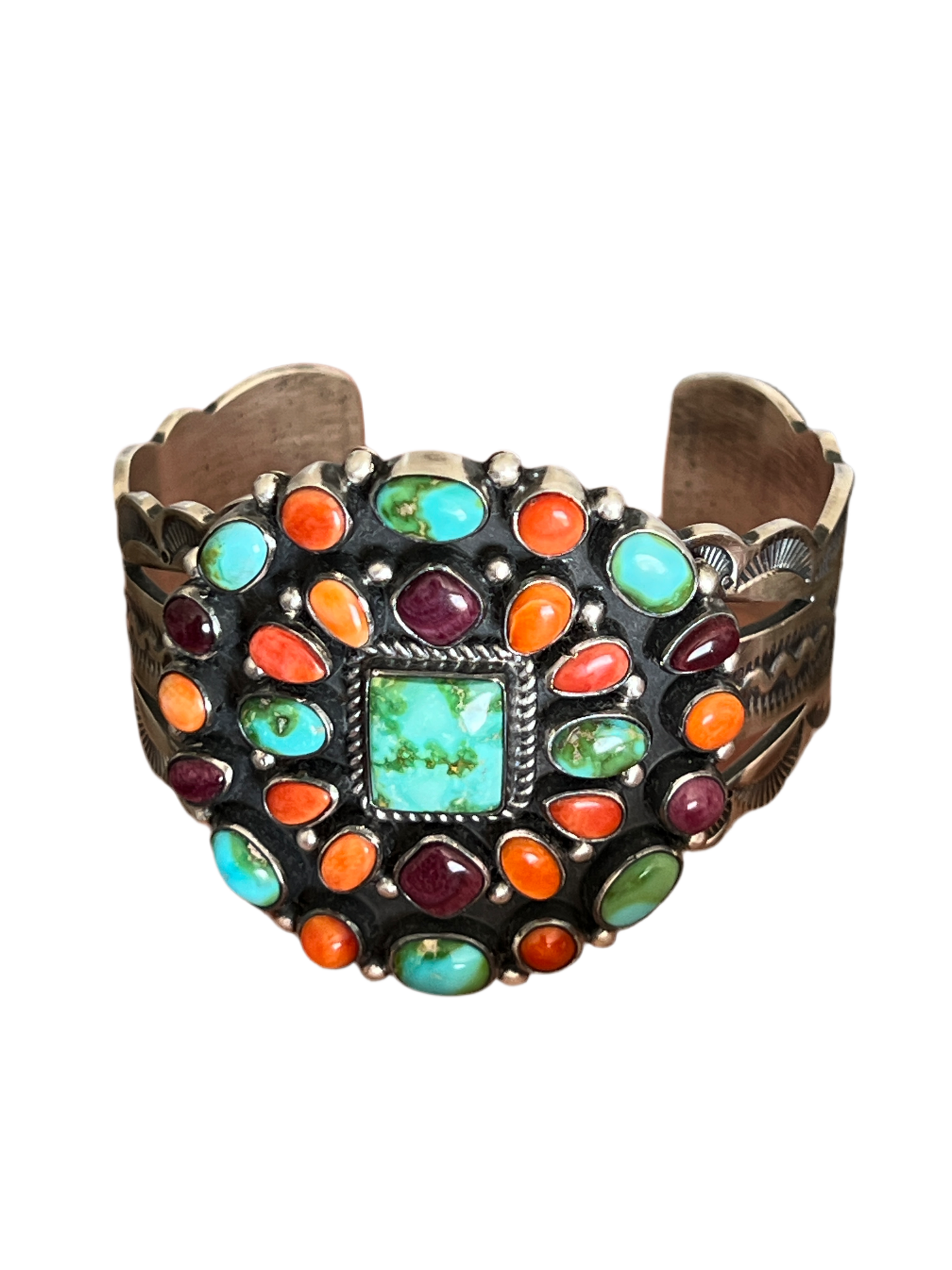 Navajo Sterling Silver Electric Rainbow Sonoran Turquoise and Spiny Oyster Cluster Cuff Bracelet by Murphy Platero