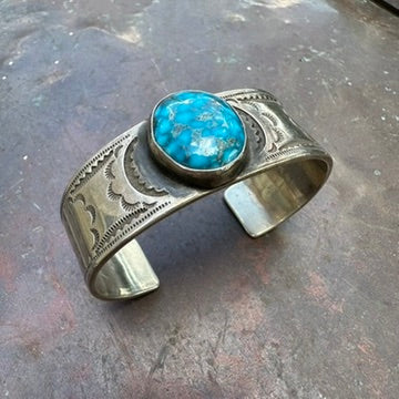 Native Made Sterling Silver and Turquoise Heavy Gauge Cuff Bracelet by Al & Kimari Somers