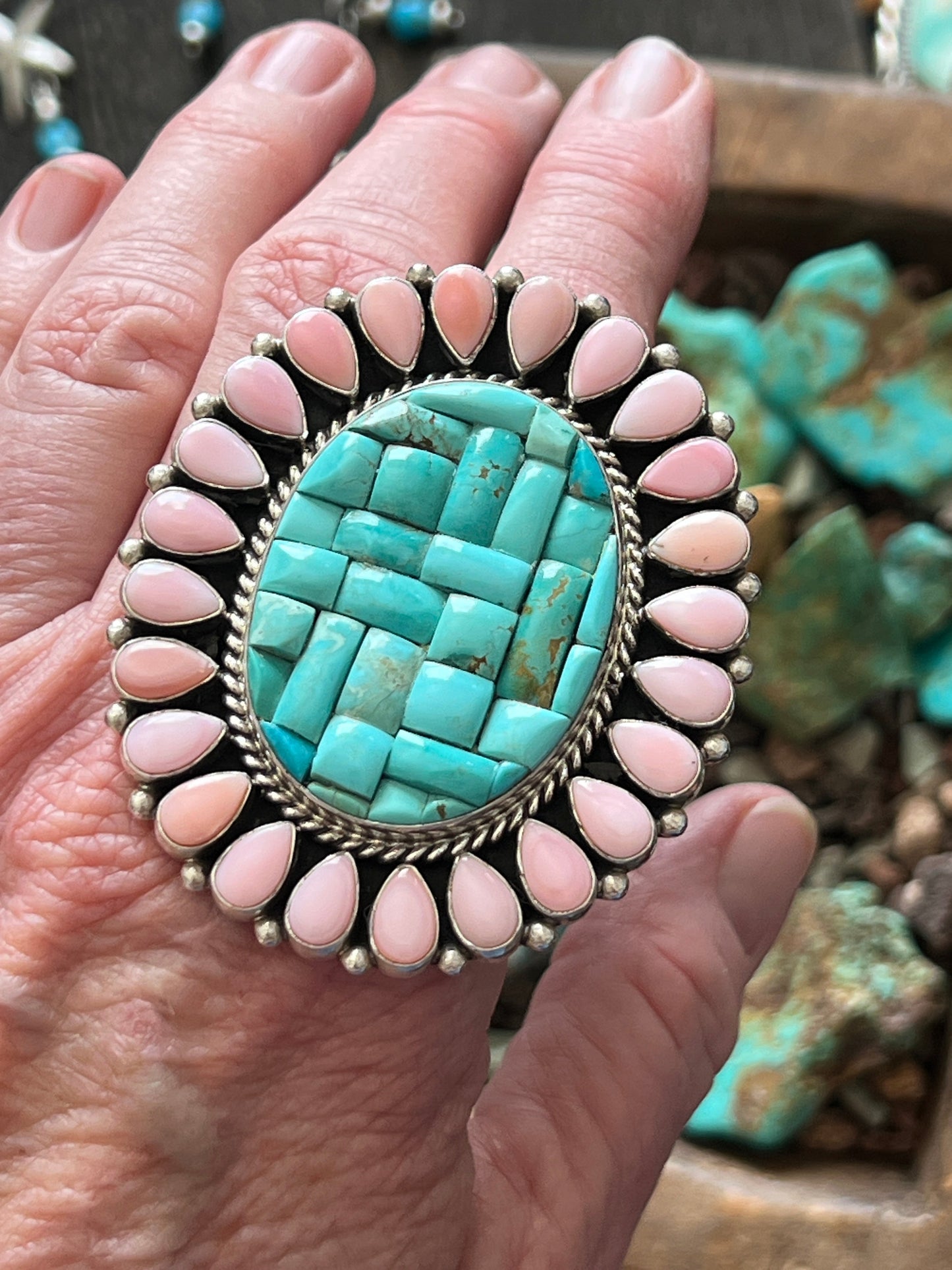 Navajo Cobblestone Kingman Turquoise and Pink Conch Cluster Ring by Aaron Tallis, Adjustable