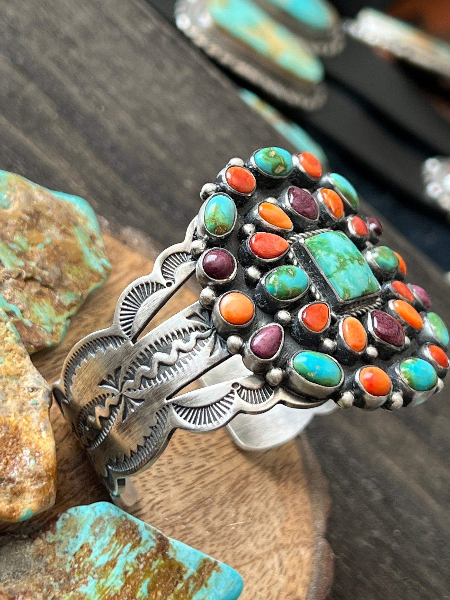 Navajo Sterling Silver Electric Rainbow Sonoran Turquoise and Spiny Oyster Cluster Cuff Bracelet by Murphy Platero