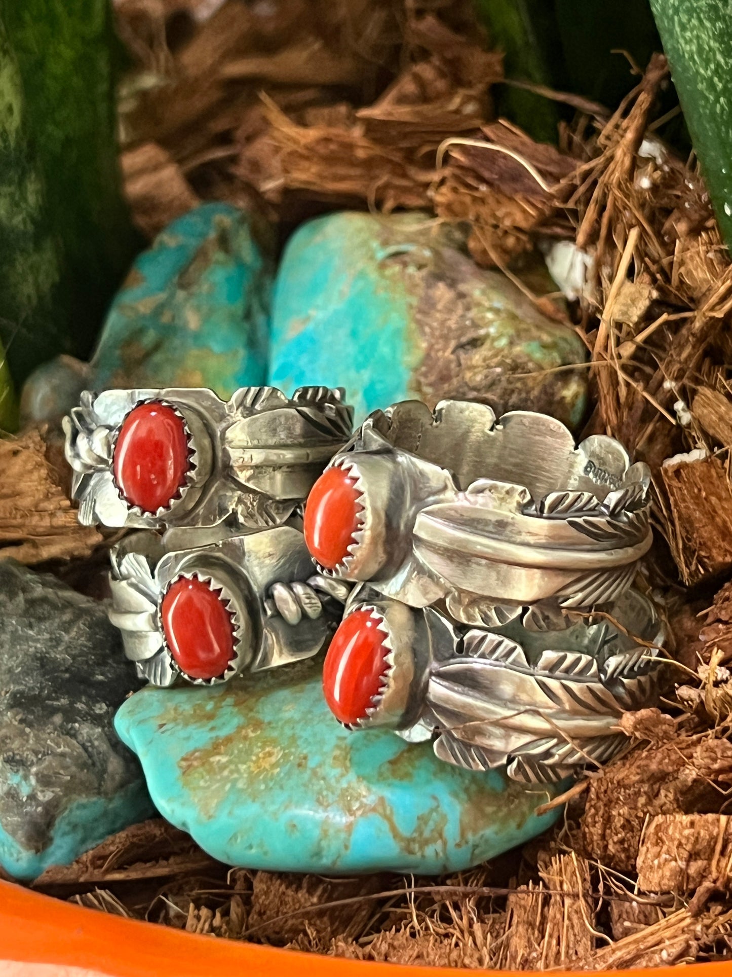Navajo Sterling Silver Stout Feather Rings with Mediterranean Coral, Signed KM