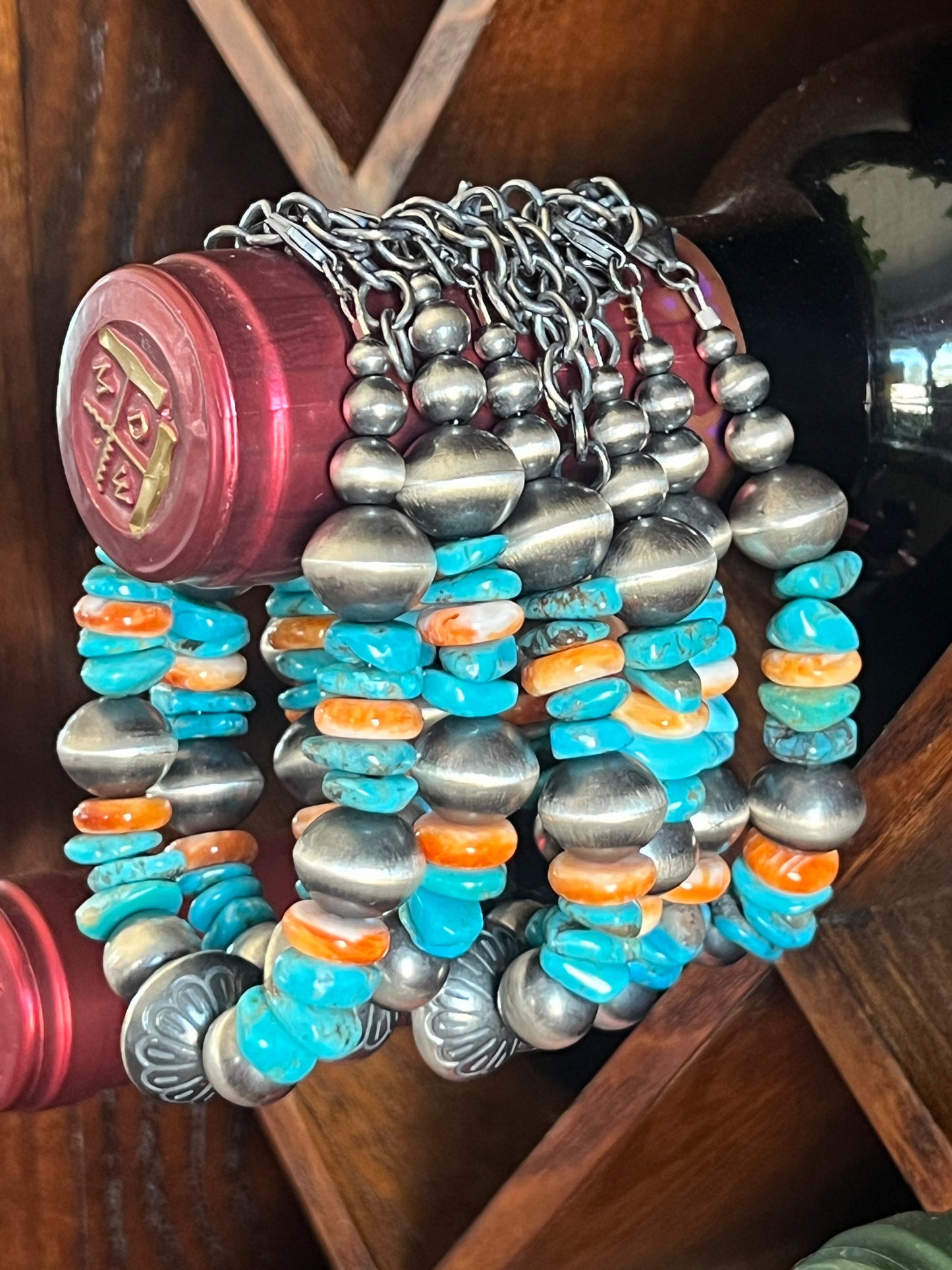 Navajo Made Chunky Sterling Silver, Turquoise and Spiny Oyster Shell Beaded Bracelet, Adjustable